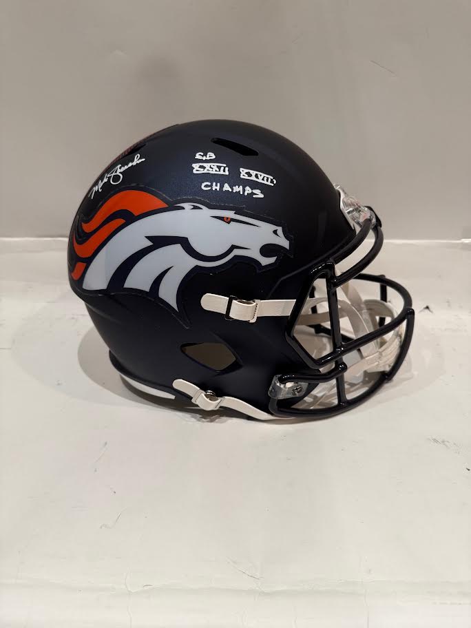 Mike Shanahan Denver Broncos Autographed Navy Replica Helmet SB XXXII SB XXXIII Inscriptions - Latitude Sports Marketing