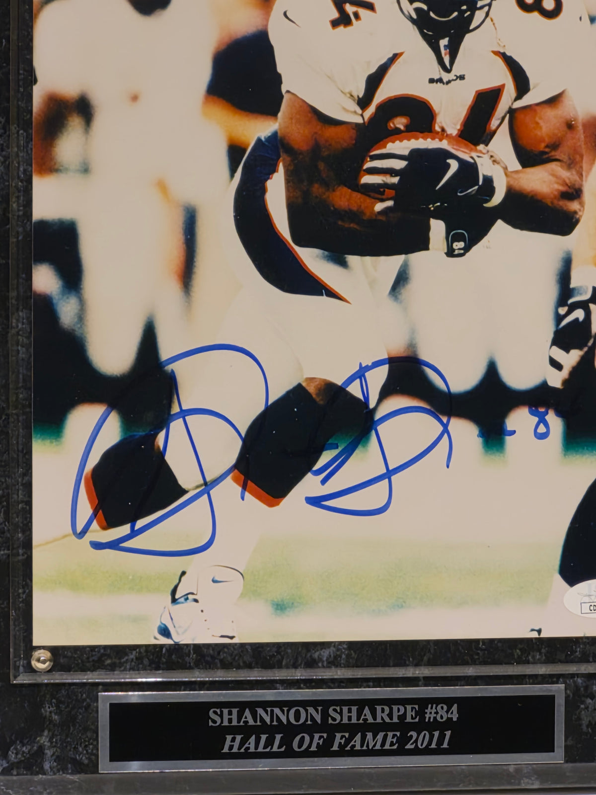 Shannon Sharpe Autographed Broncos 8x10 Photo with HOF Plaque – JSA COA