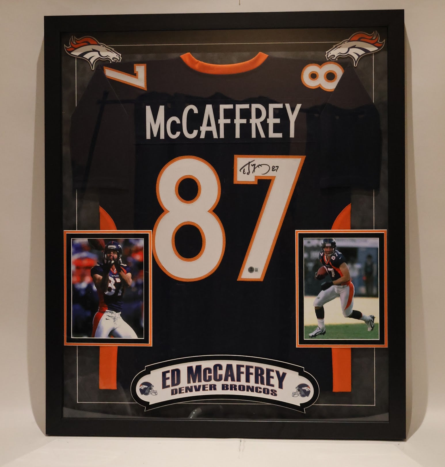 Ed McCaffrey Autographed Denver Broncos Navy Custom Jersey Deluxe Framed Beckett COA