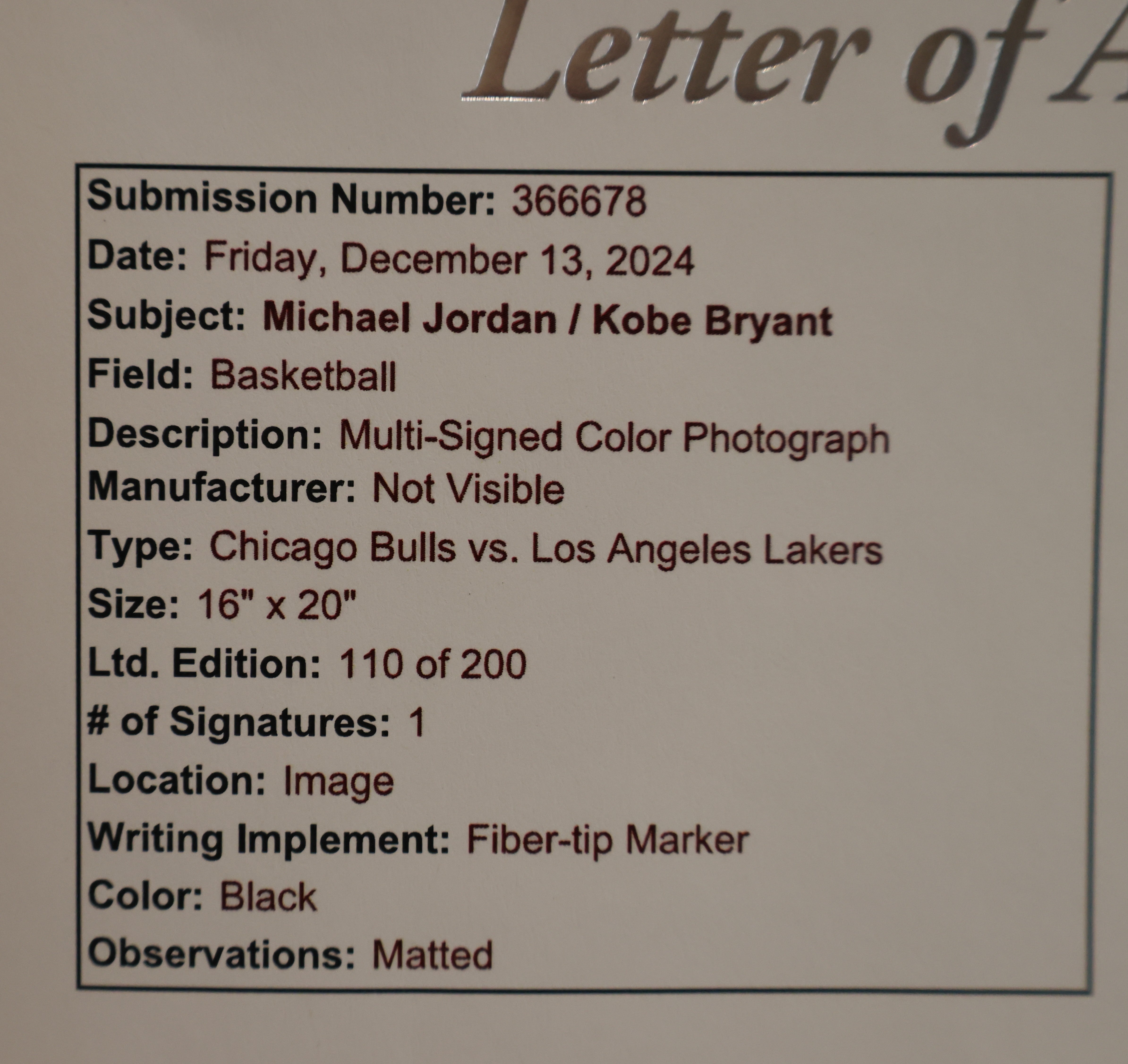 Michael Jordan/Kobe Bryant Dual-Autographed 16x20 Deluxe 24"x35.5" UDA COA