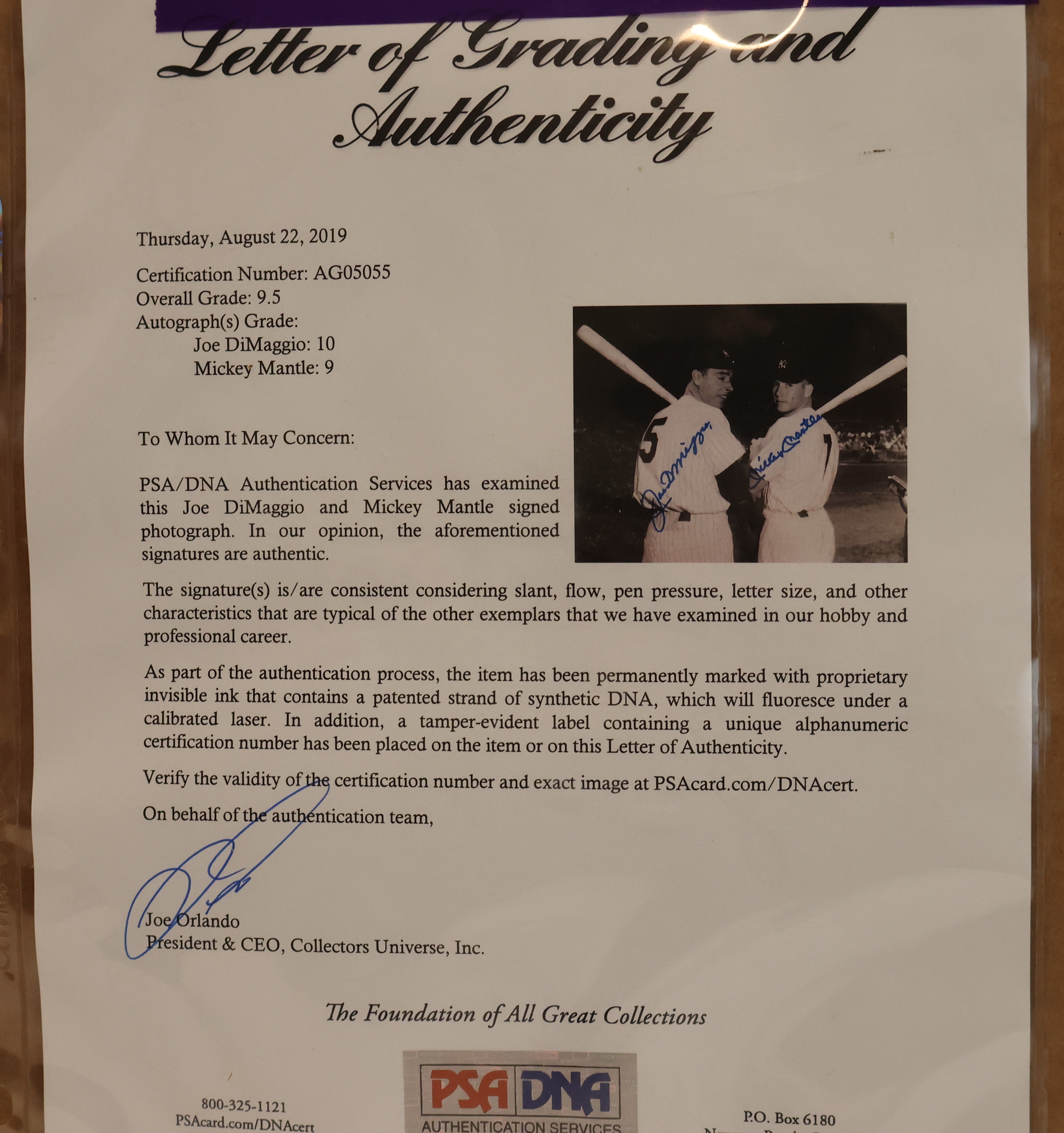 Joe DiMaggio and Mickey Mantle Autographed 8x10 Photo