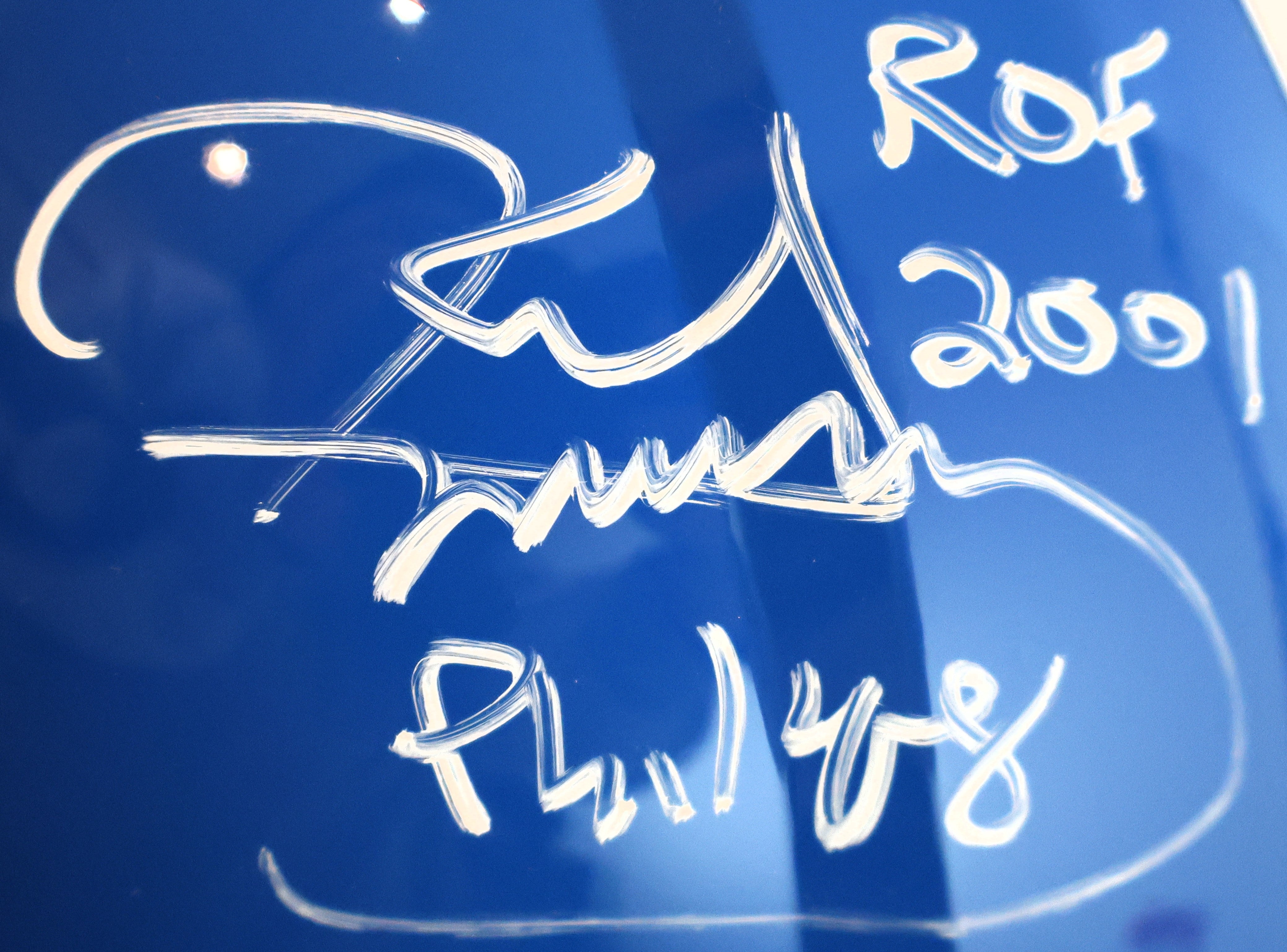 Simon Fletcher and Karl Mecklenburg Denver "D" Replica Helmet Inscribed "ROF '16" and "ROF 2001" James Spence COA