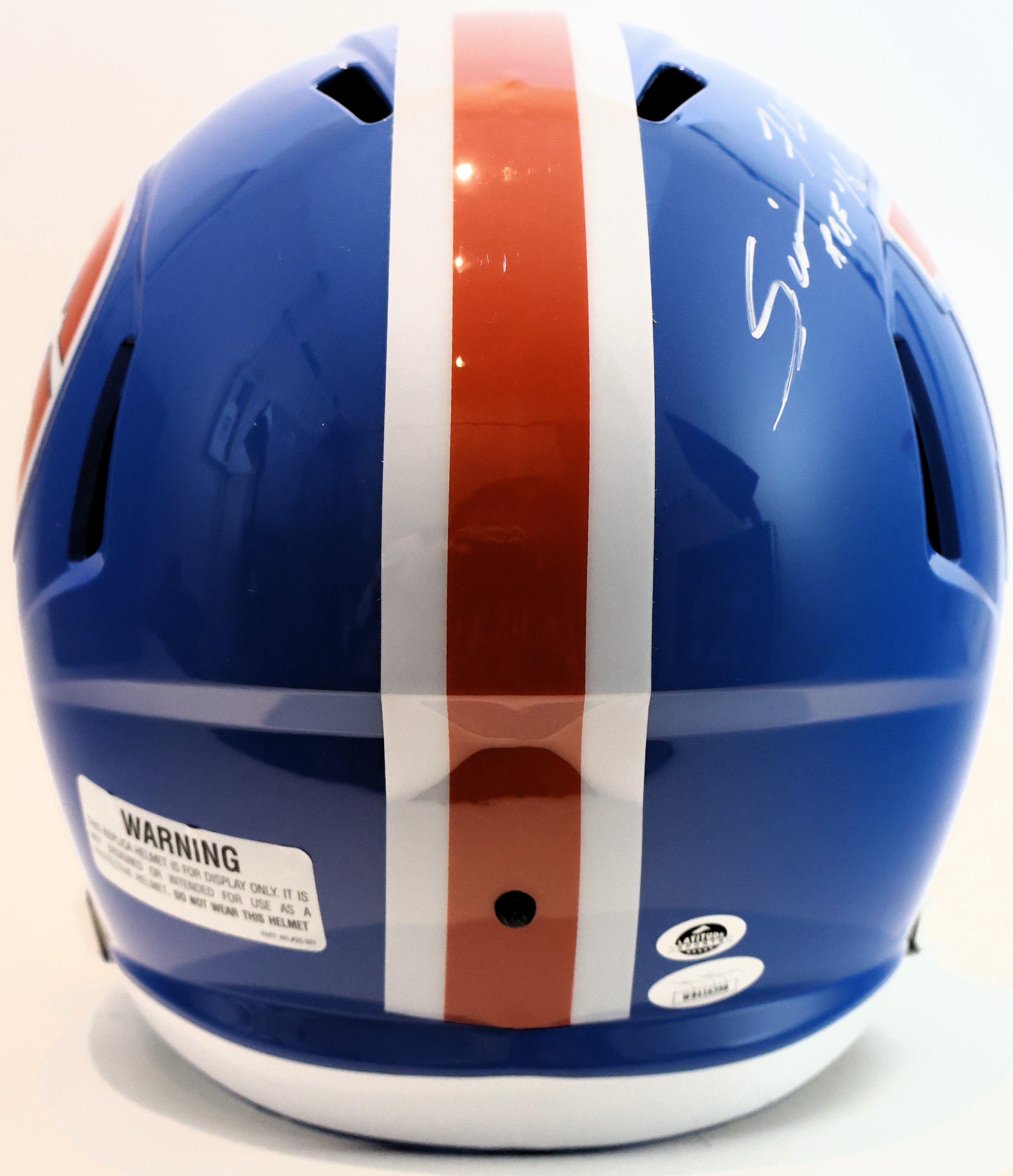 Simon Fletcher and Karl Mecklenburg Denver "D" Replica Helmet Inscribed "ROF '16" and "ROF 2001" James Spence COA