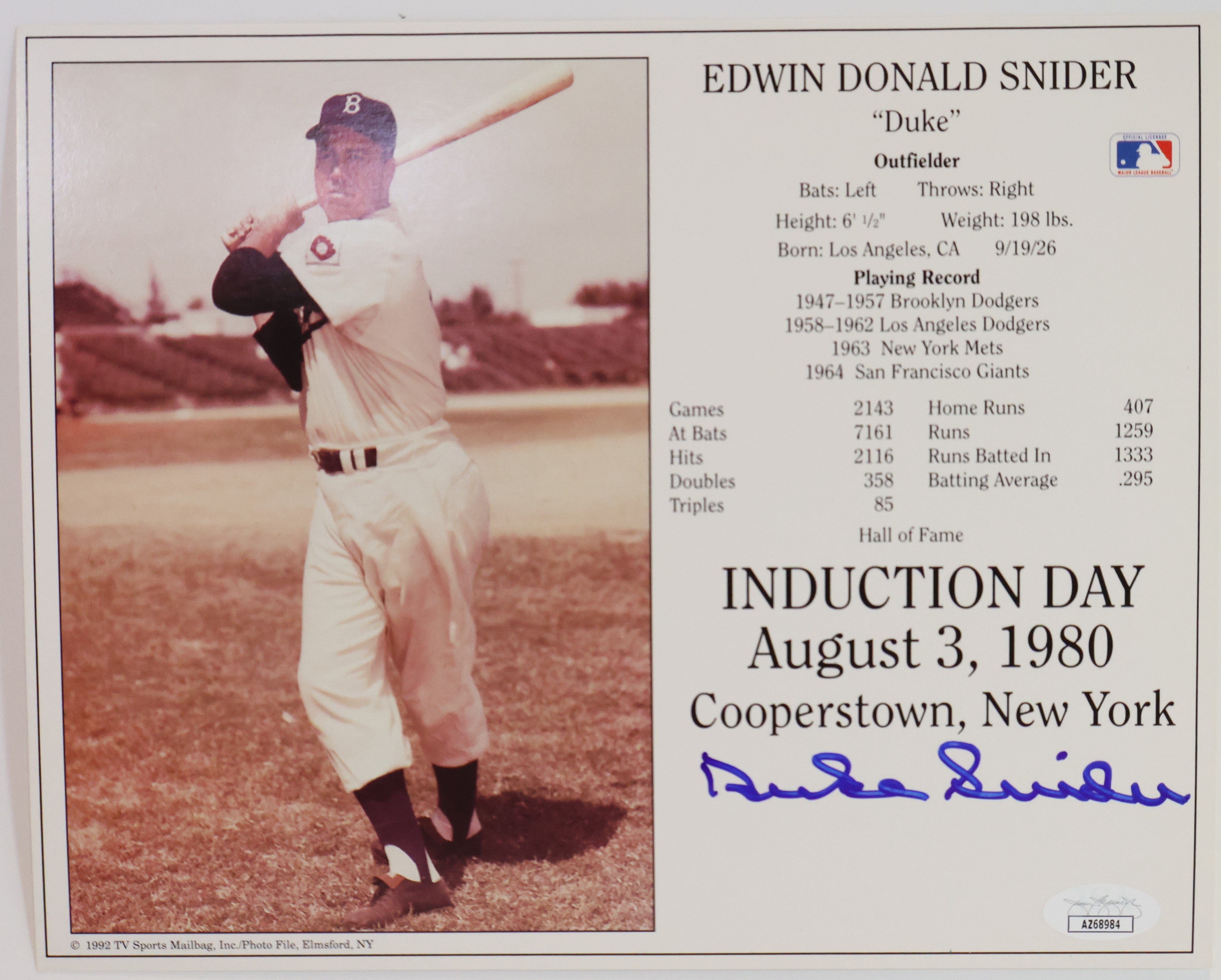 Duke Snider Autographed 8x10 Photograph (JSA COA)