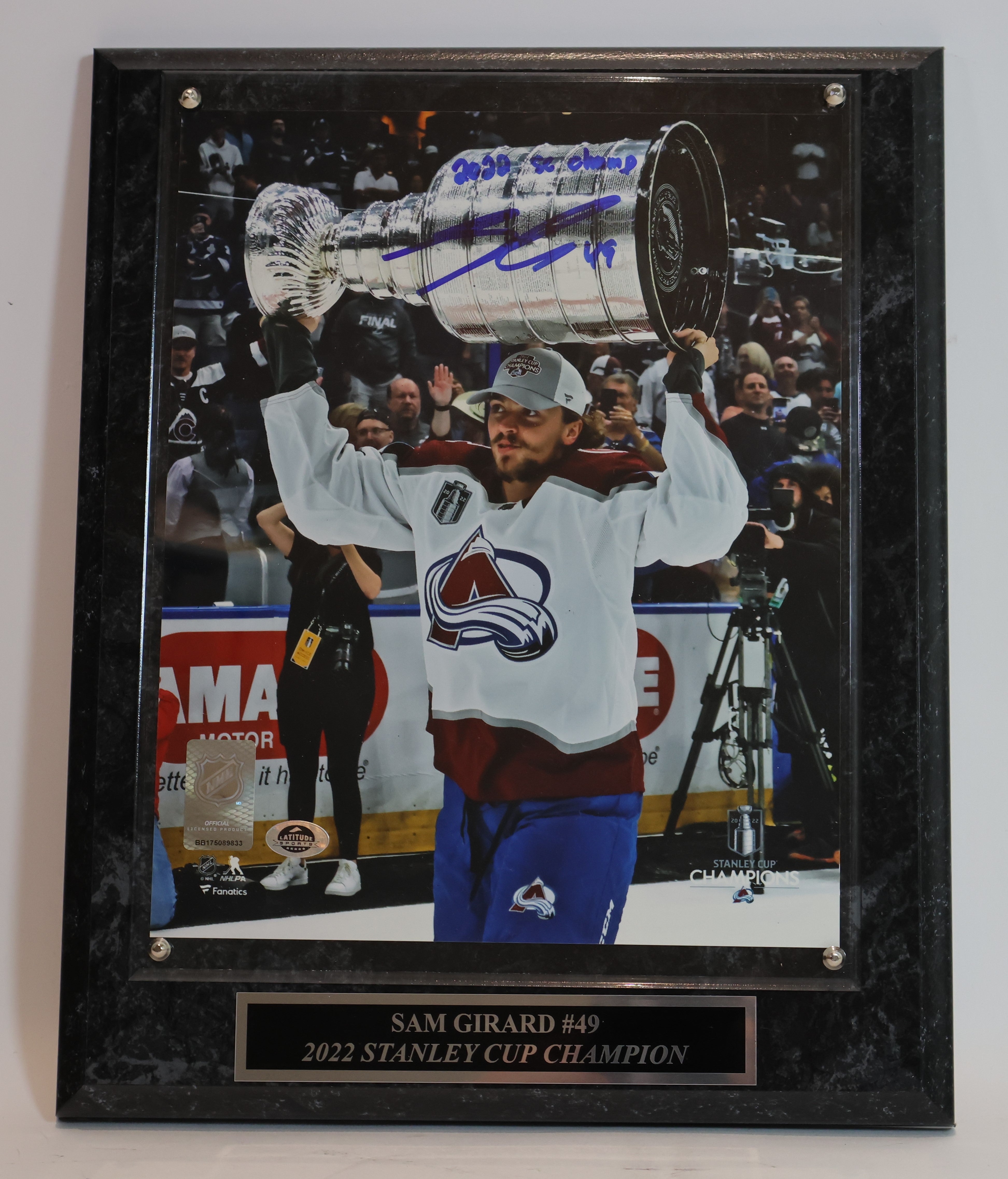 Sam Girard Autographed 8x10 2022 Stanley Cup Photo Inscribed w/Plaque