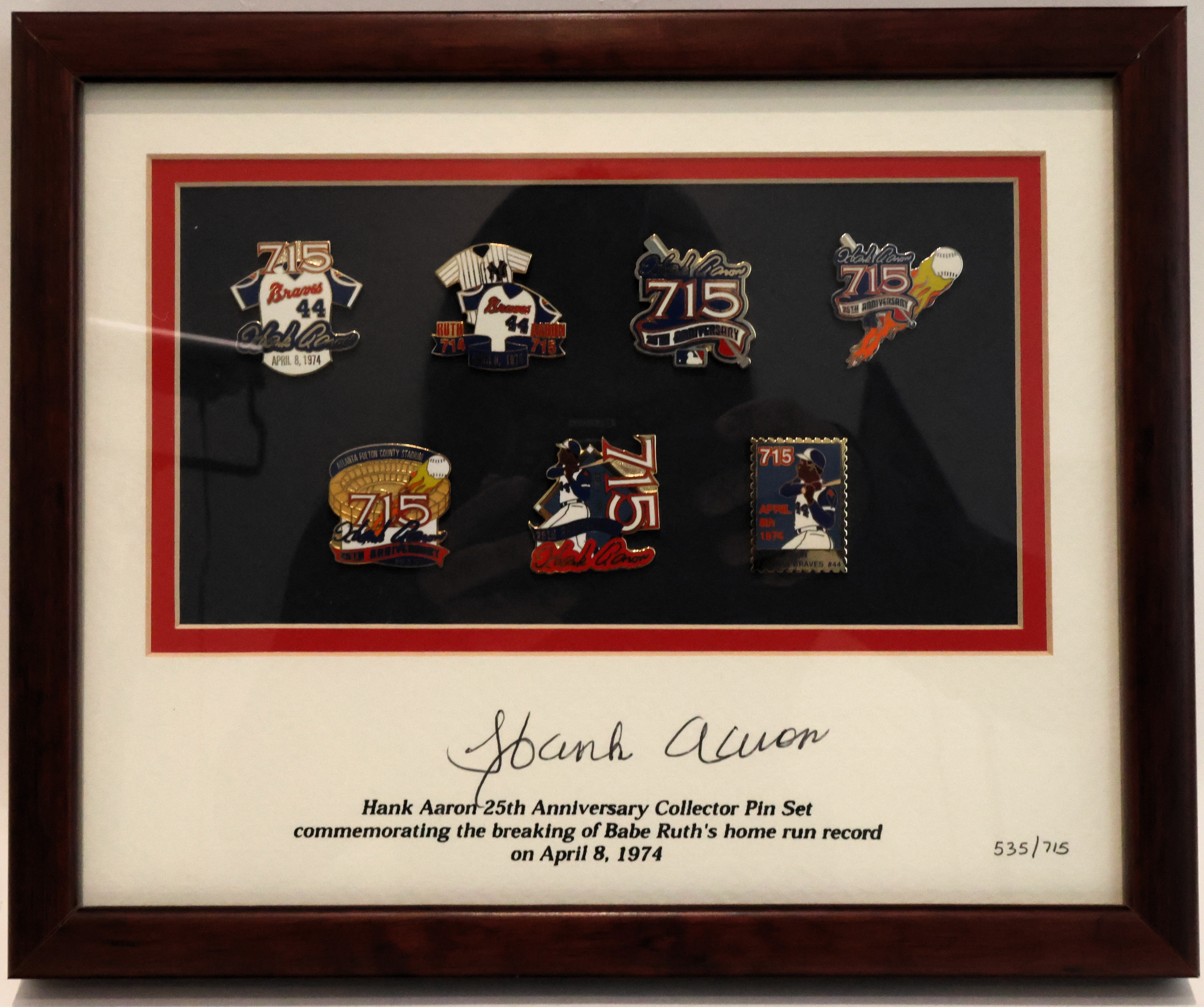 Hank Aaron Autographed Framed Matting Pin Set JSA COA