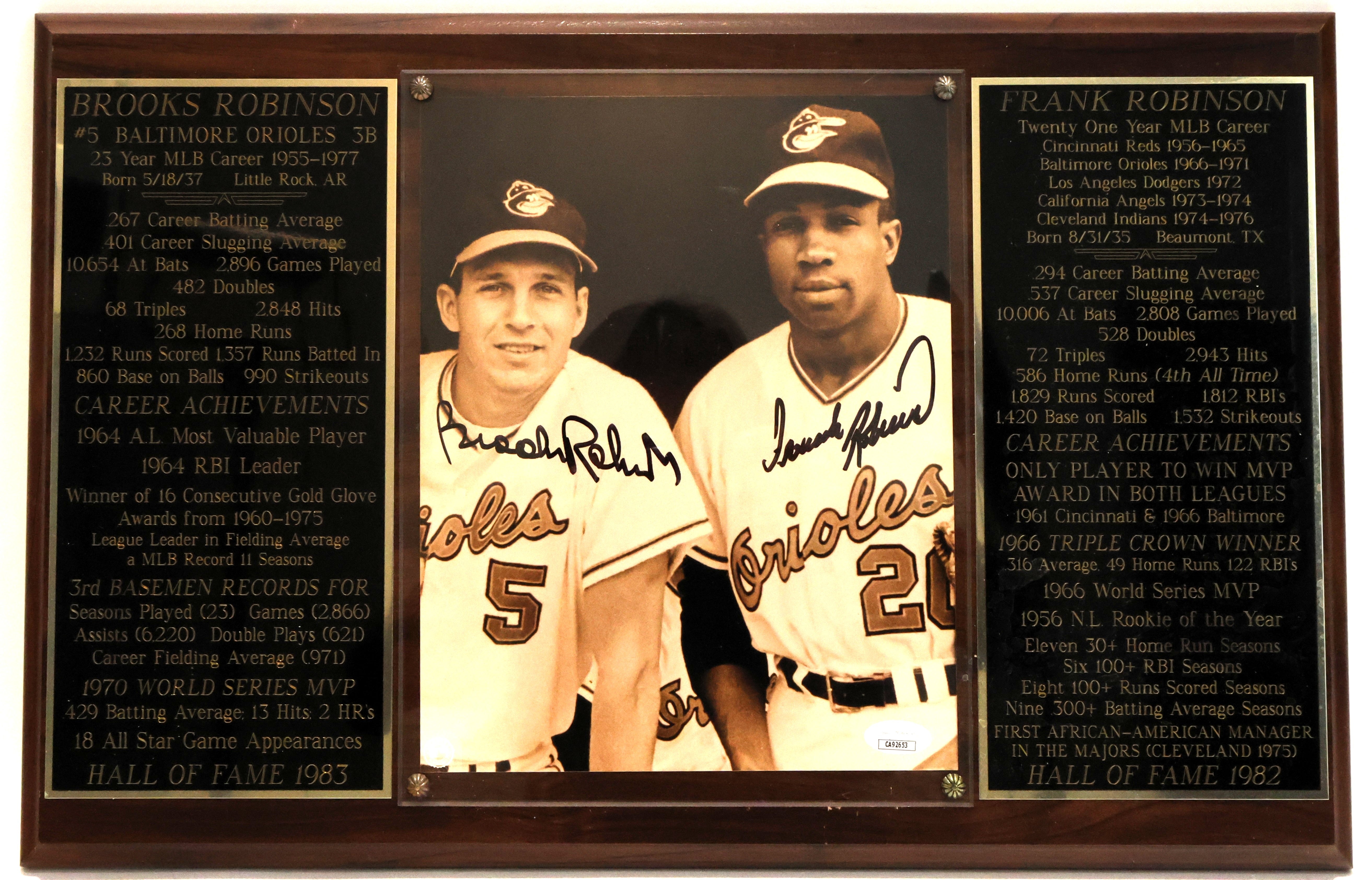 Brooks Robinson and Frank Robinson Autographed Hall of Fame 8x10 Photo with Plaque JSA COA
