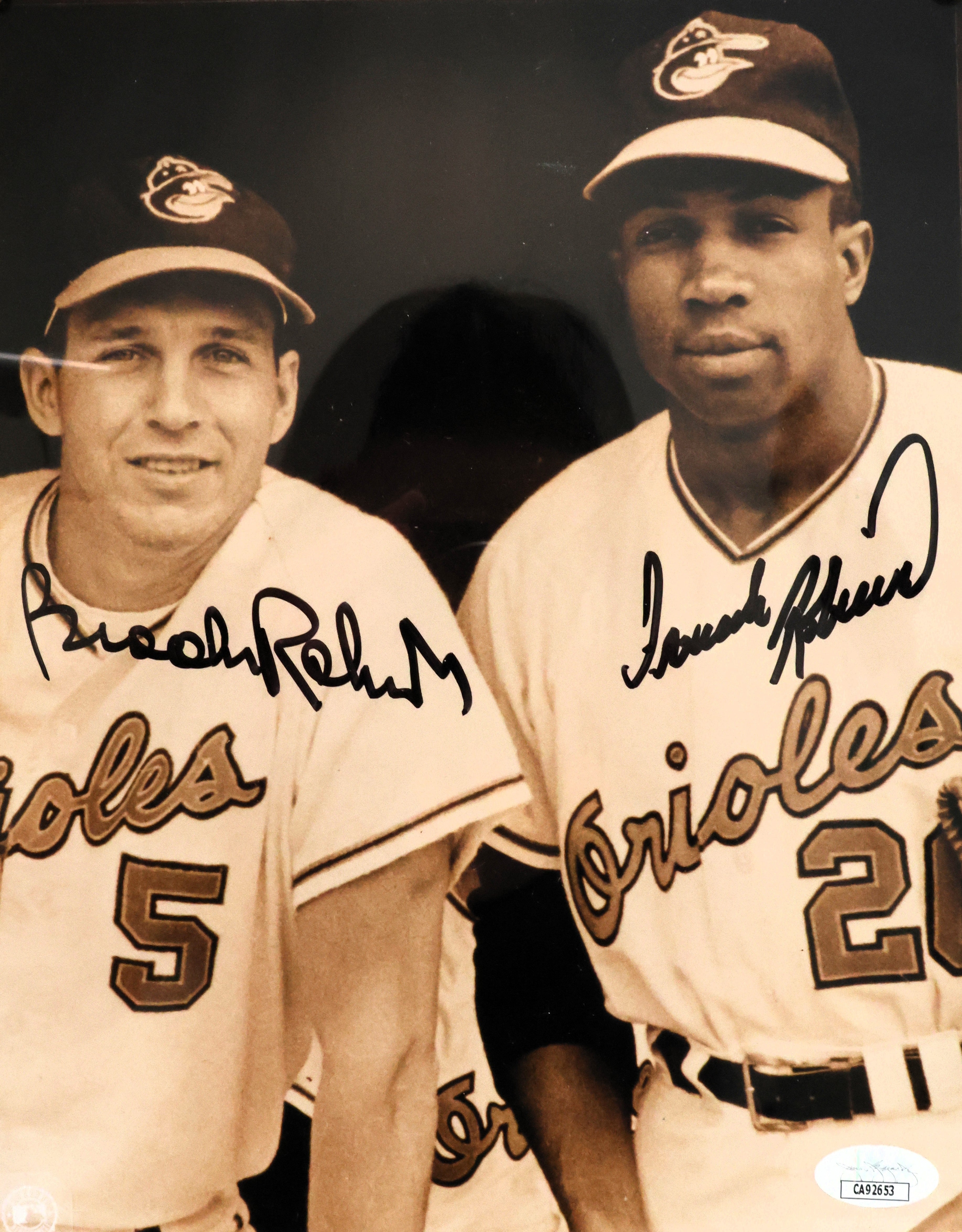 Brooks Robinson and Frank Robinson Autographed Hall of Fame 8x10 Photo with Plaque JSA COA