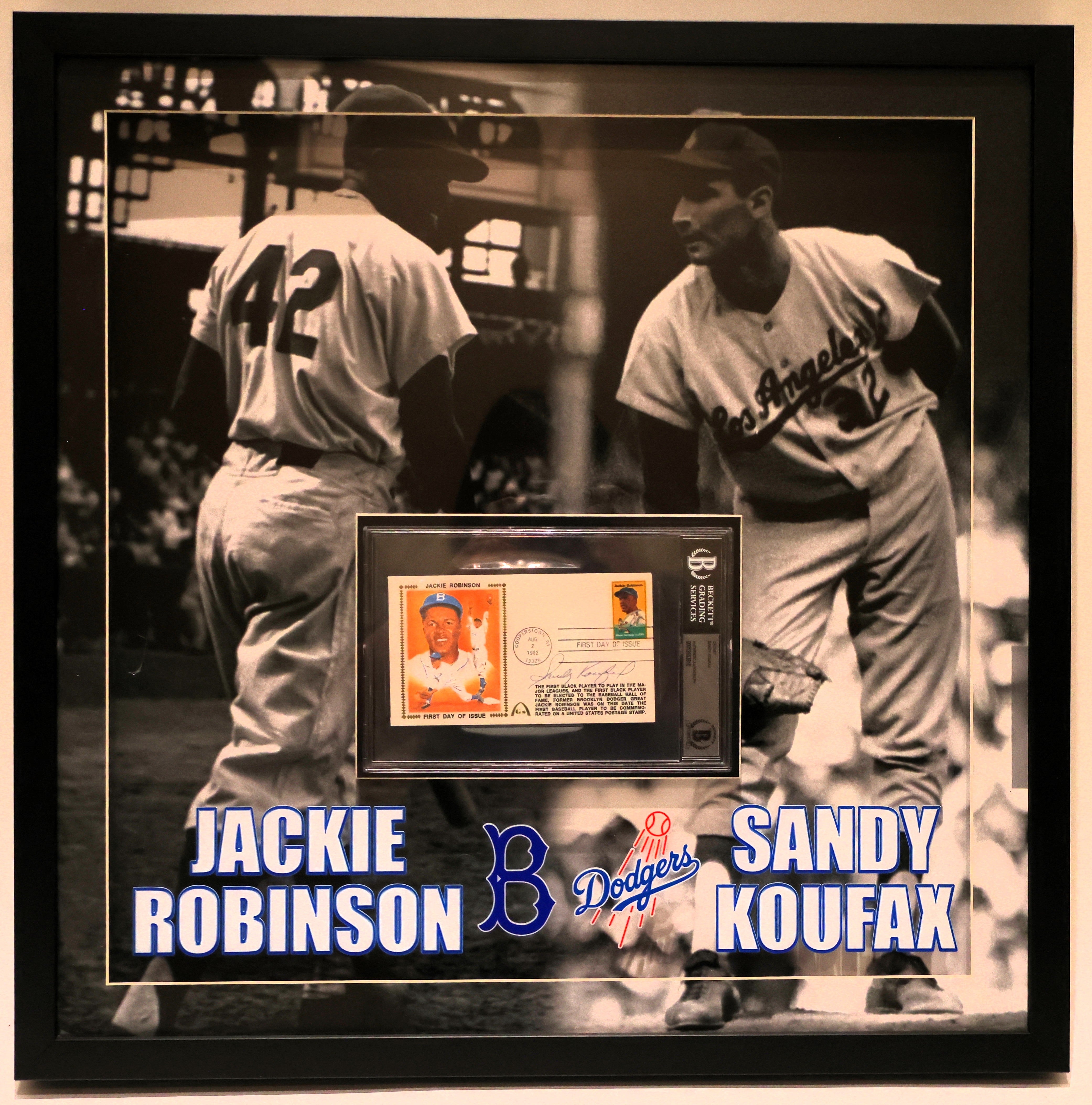 Jackie Robinson and Sandy Koufax Framed 25.5"x25.5" Photo with Sandy Koufax Signed Jackie Robinson Postcard Beckett COA