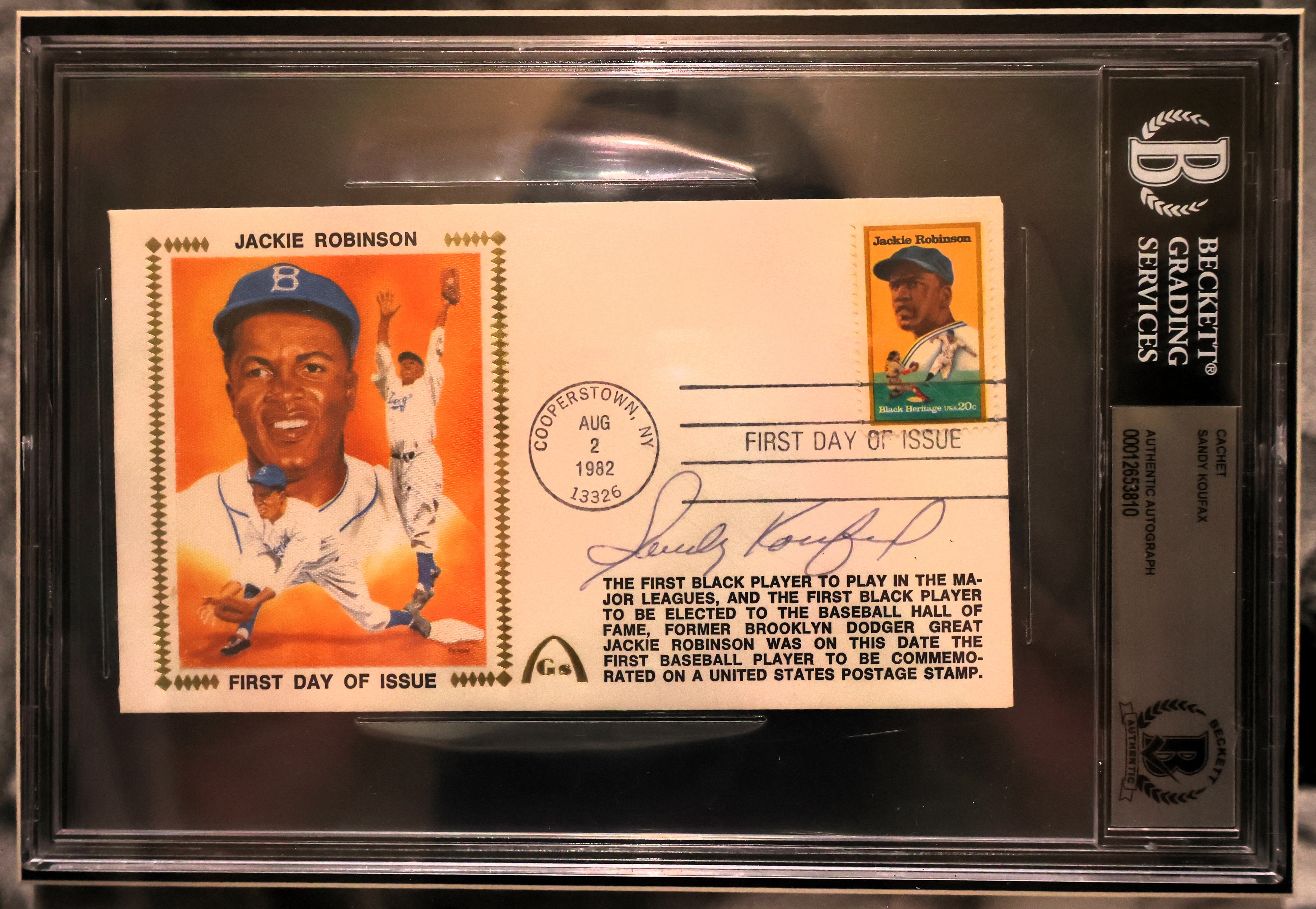 Jackie Robinson and Sandy Koufax Framed 25.5"x25.5" Photo with Sandy Koufax Signed Jackie Robinson Postcard Beckett COA