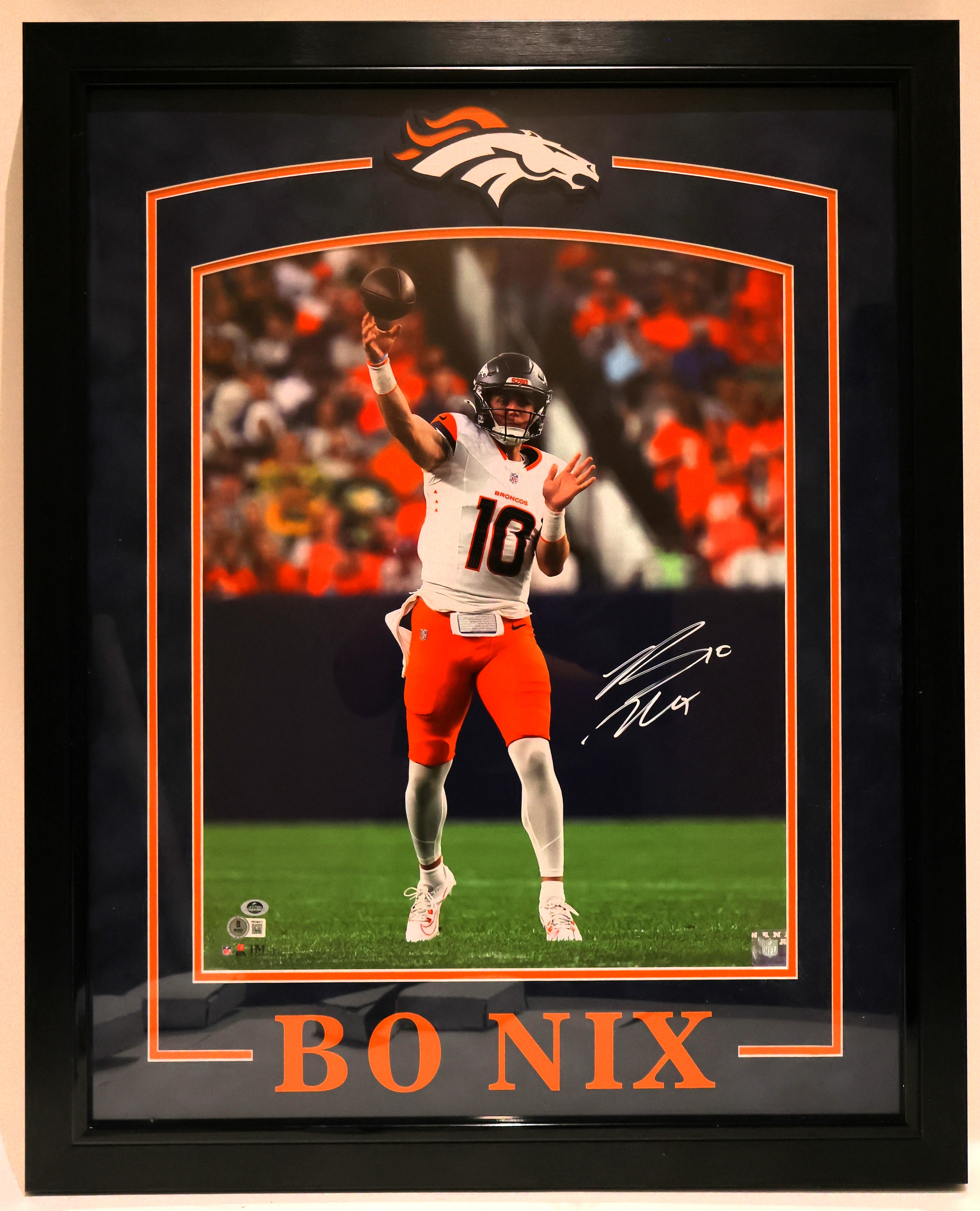 Bo Nix Autographed Denver Broncos 16x20 Photo (25"W x 31"H Frame) Beckett COA