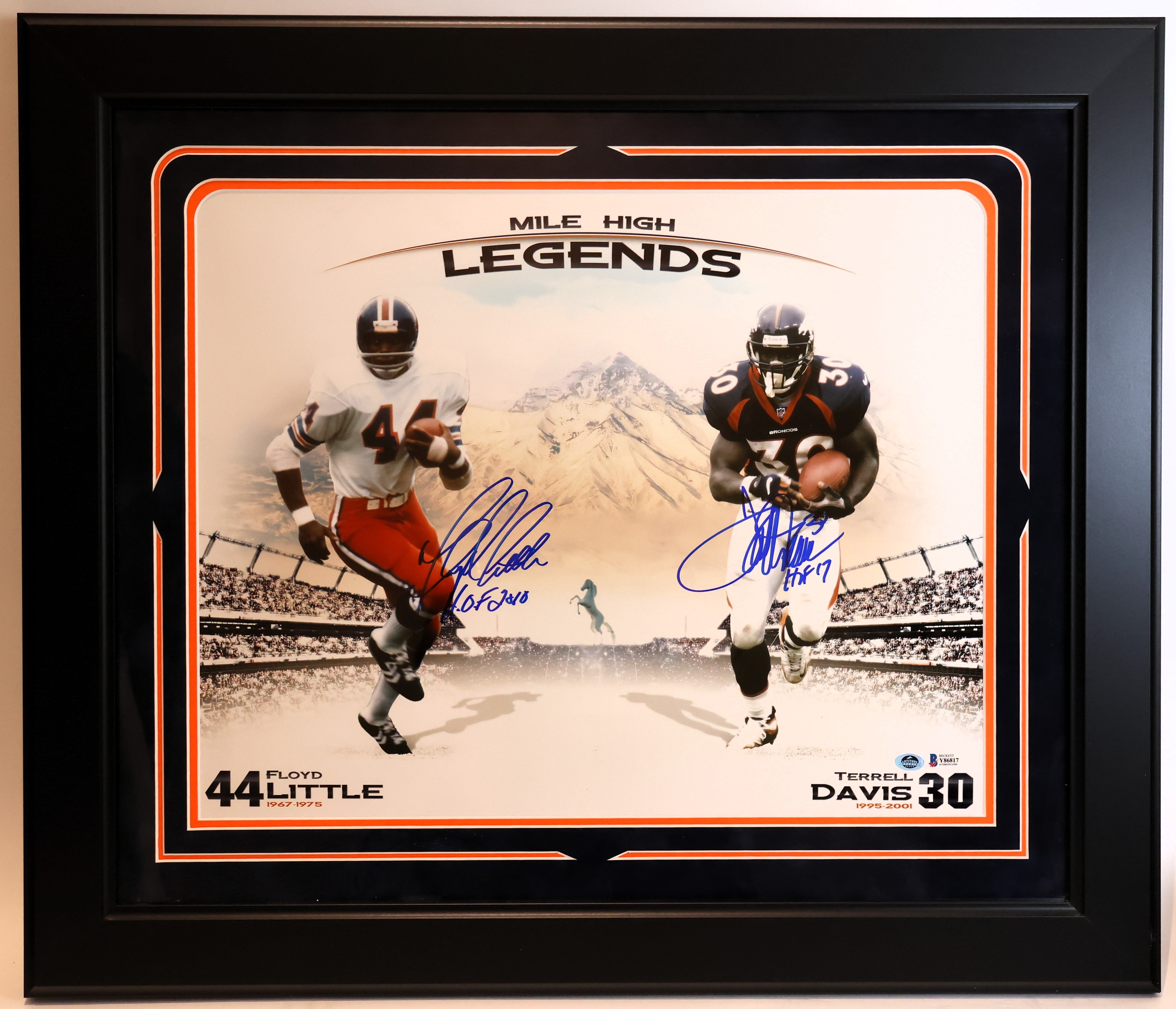 Floyd Little & Terrell Davis Autographed Legends 16x20 Photo DLX Framed Beckett COA - Latitude Sports Marketing
