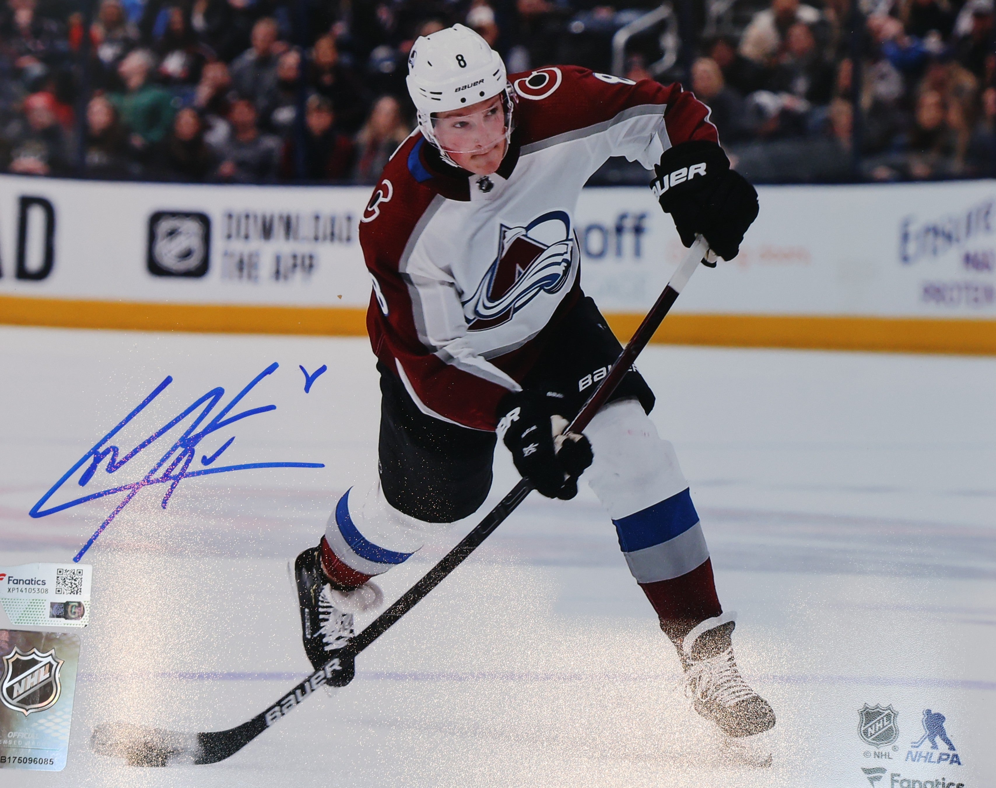 Cale Makar Autographed (blue pen) 8x10 Avalanche Action Photo - White Jersey