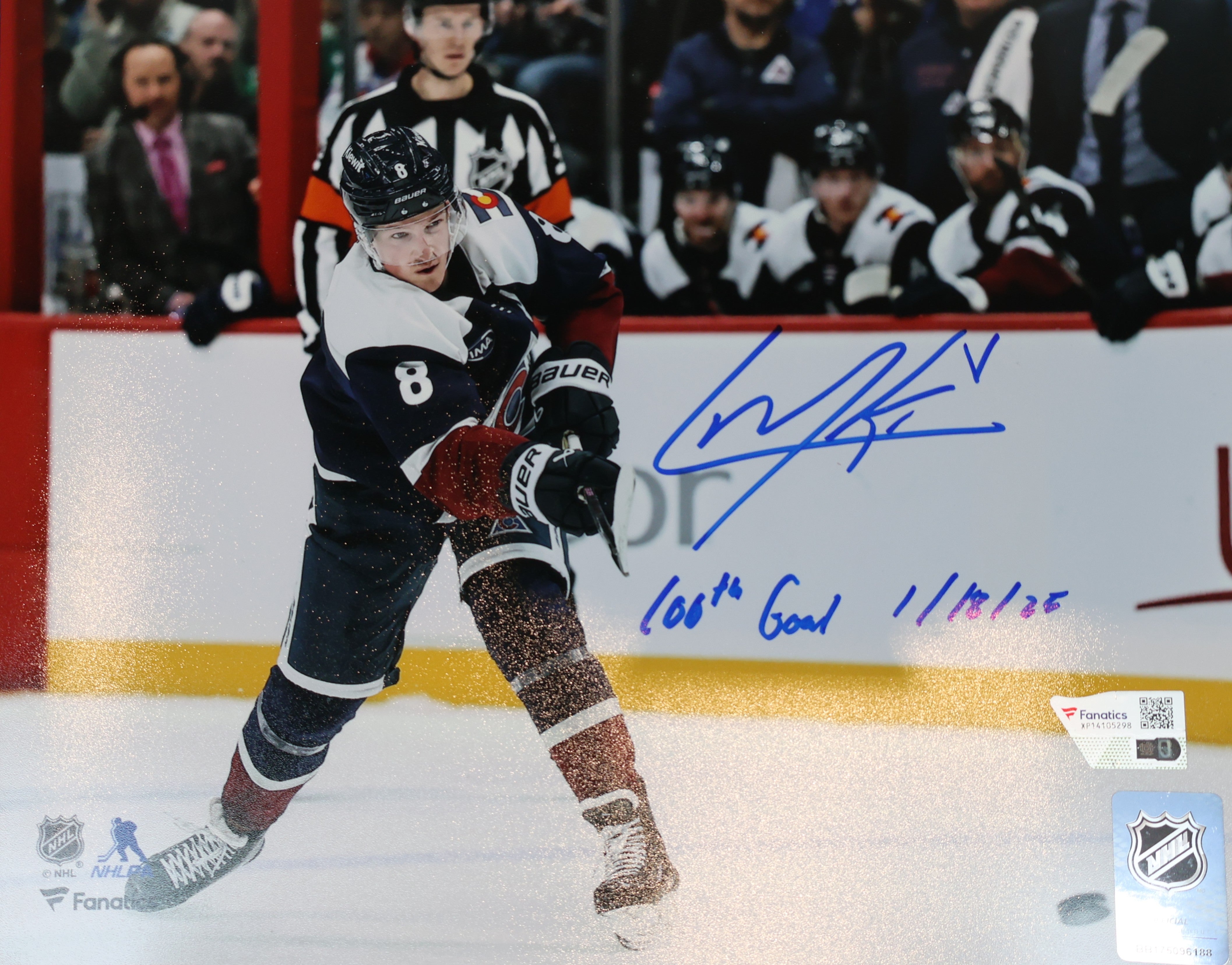 Cale Makar Autographed/Inscribed "100th Goal 1/18/25" 8x10 Photo of 100th Goal