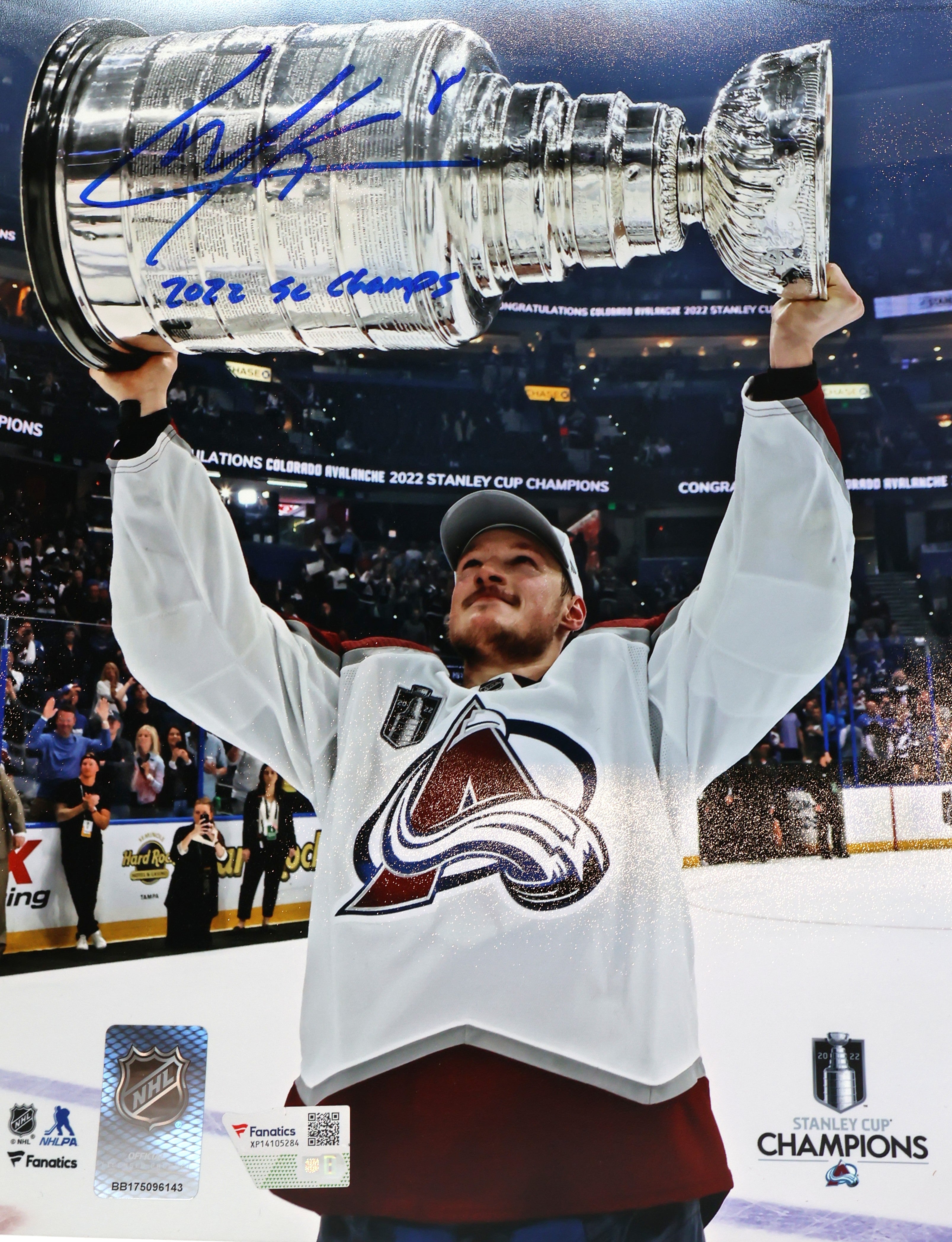 Cale Makar Autographed/Inscribed "2022 SC Champs" 16x20 Photo Raising the Cup