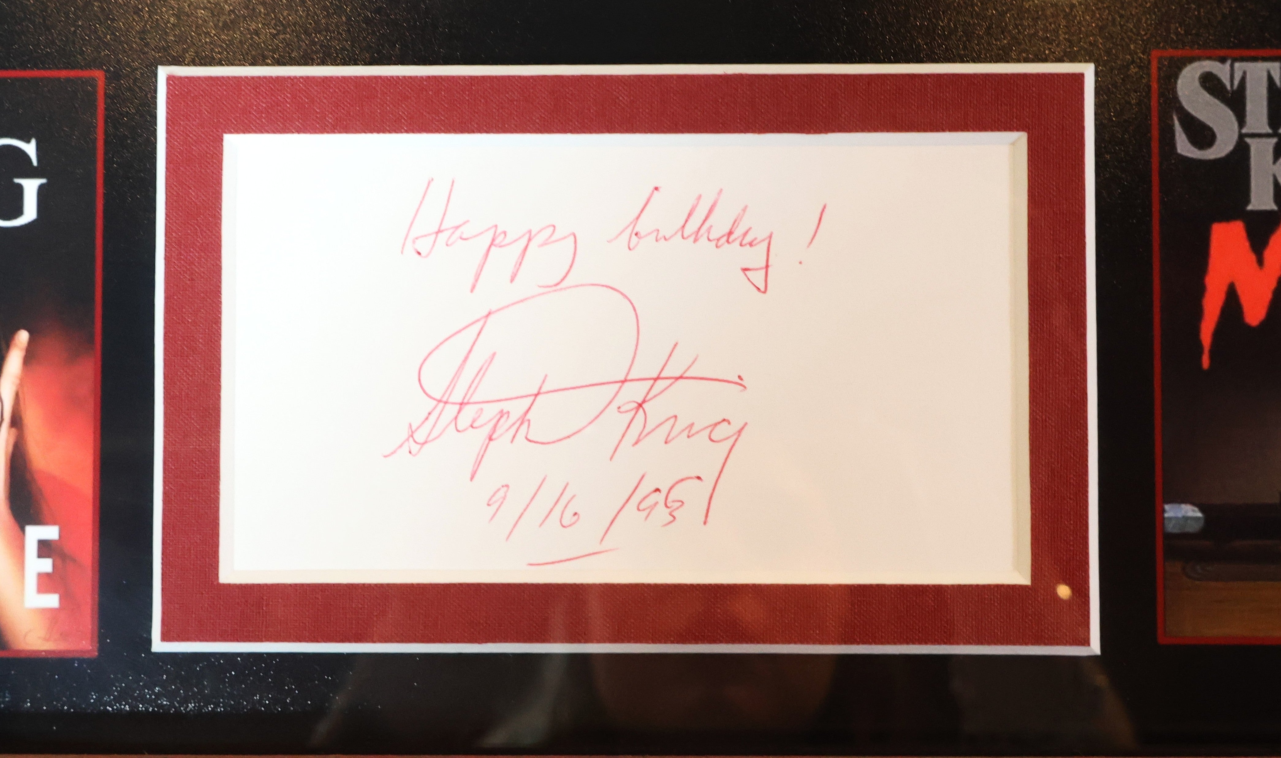 Stephen King Autographed Index Card in Framed "The King of Horror" Collage
