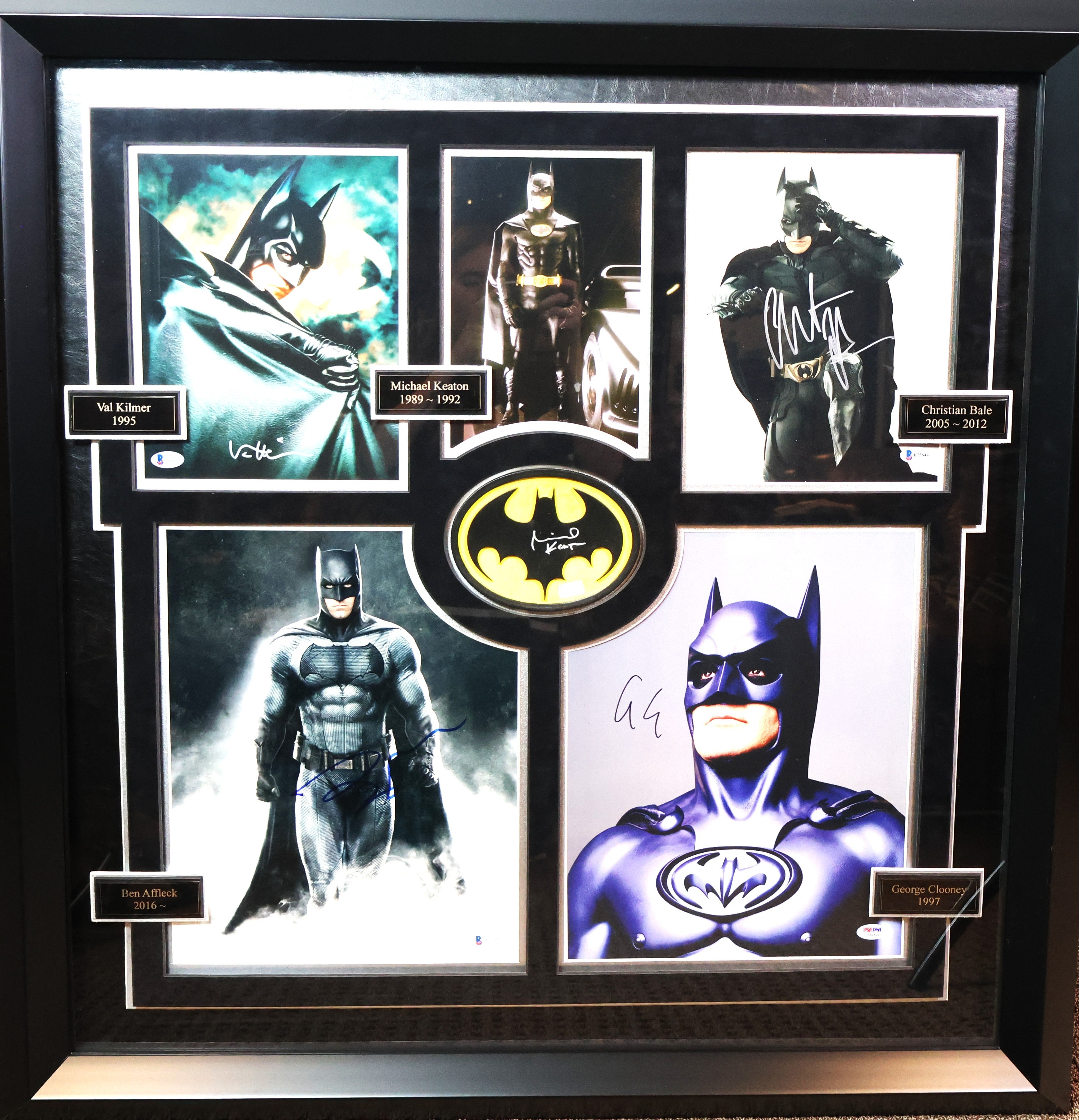 Batman collage signed photos by Michael Keaton, George Clooney, Ben Affleck, Val Kilmer and Christian Bale