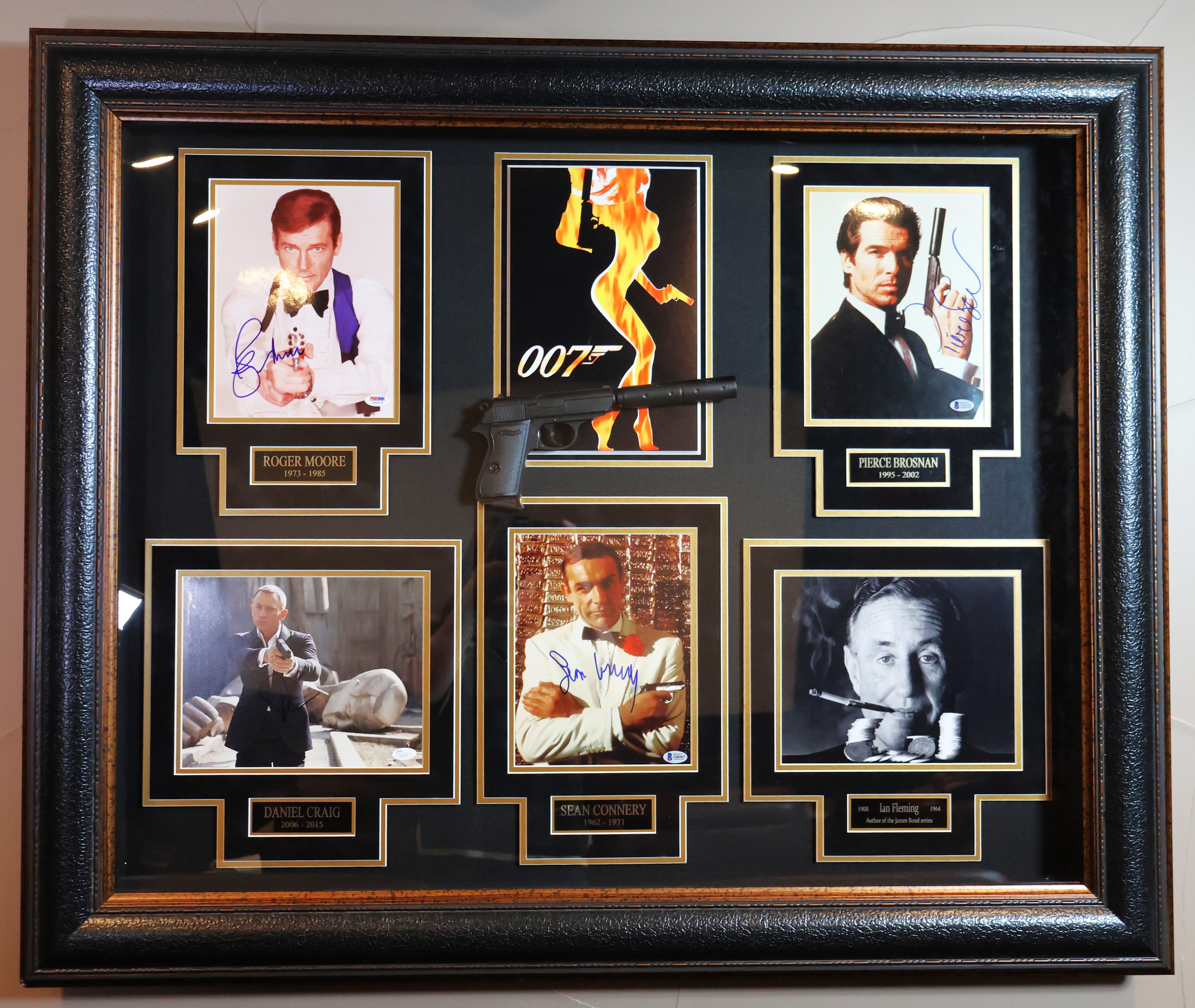 James Bond 007 Collage Autographed by S. Connery, R. Moore, P. Brosnan, D. Craig