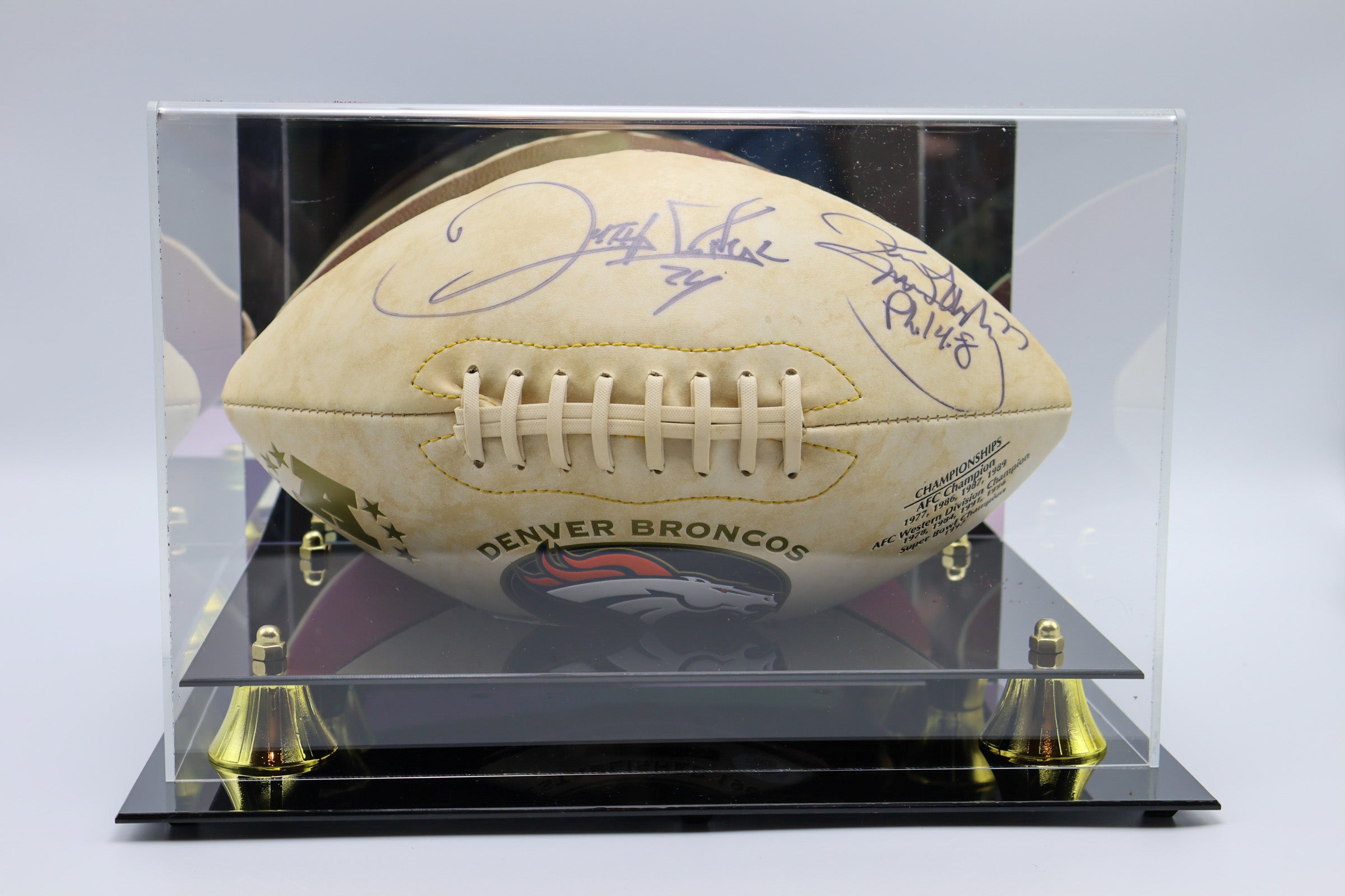 Karl Mecklenburg Deltha O'Neal Denver Broncos Autographed Football - Latitude Sports Marketing