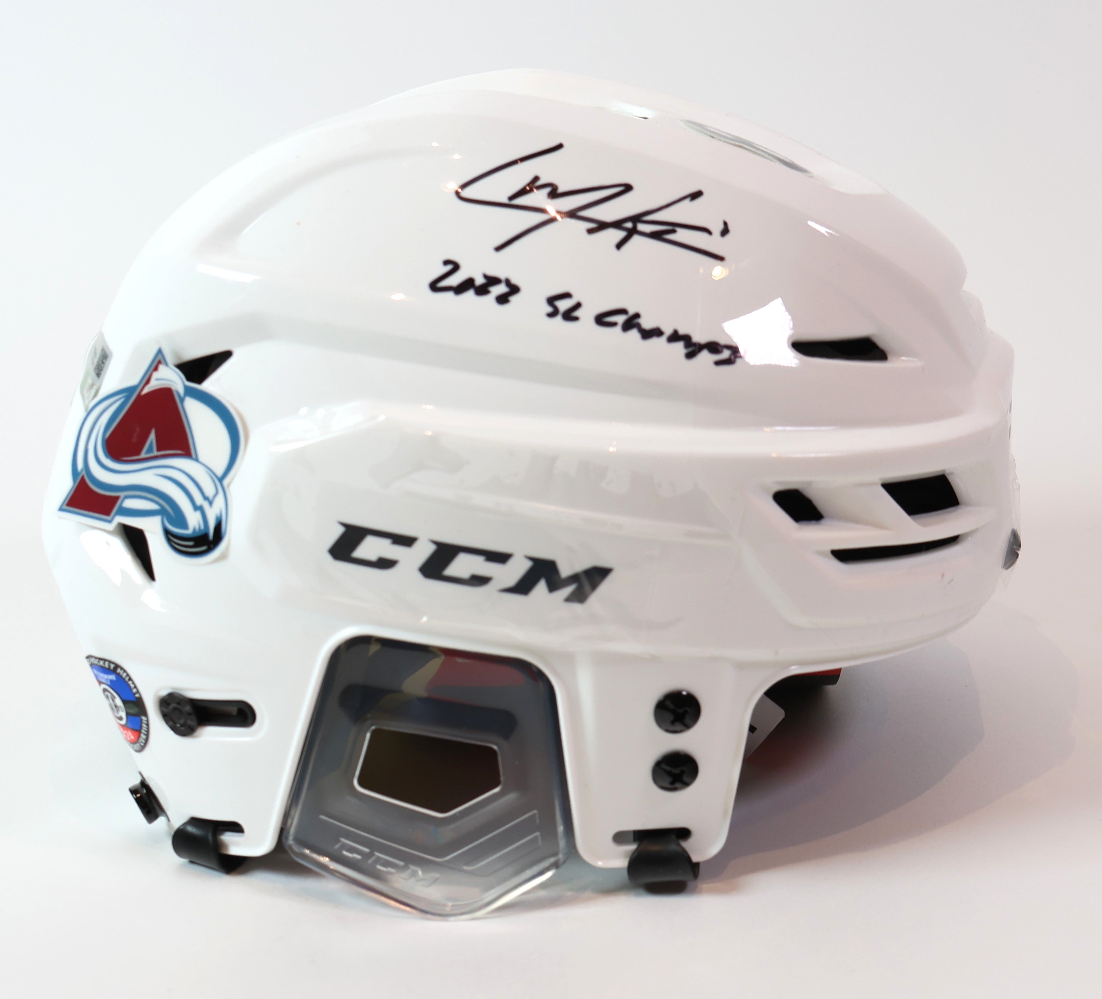 Cale Makar Autographed White Helmet w/ inscription "2022 SC Champs"