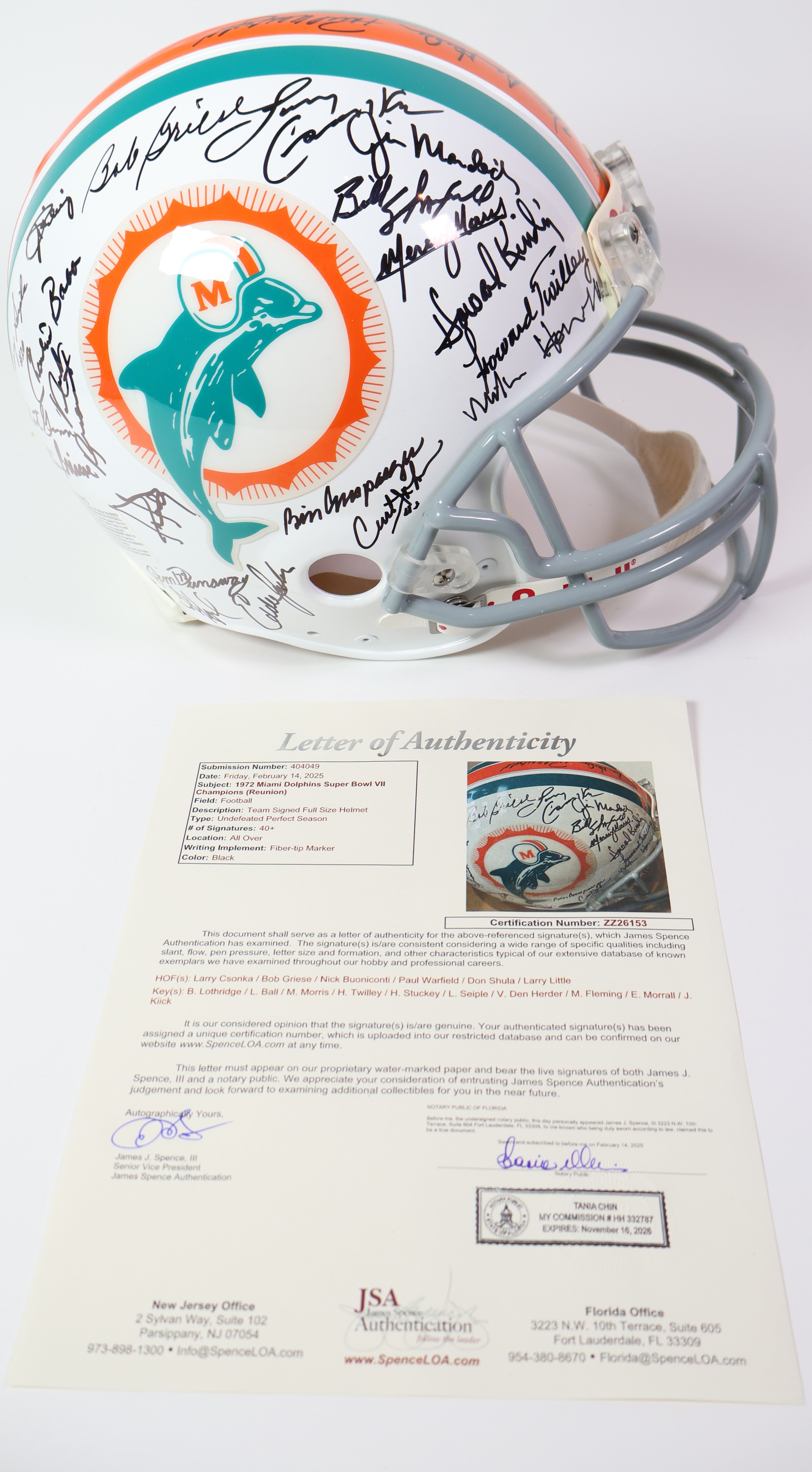 Dolphins 1972 Perfect Season Pro Helmet 40 plus signatures w/ JSA LOA