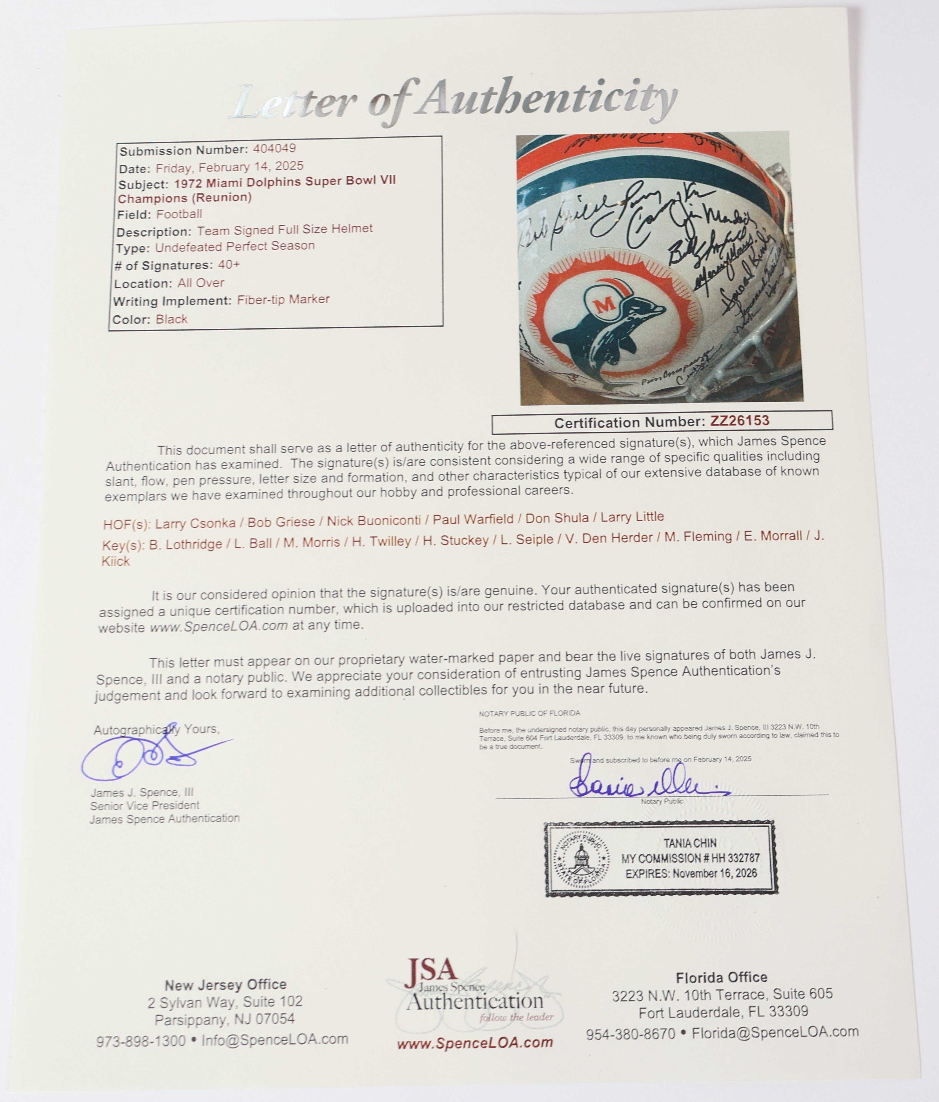 Dolphins 1972 Perfect Season Pro Helmet 40 plus signatures w/ JSA LOA