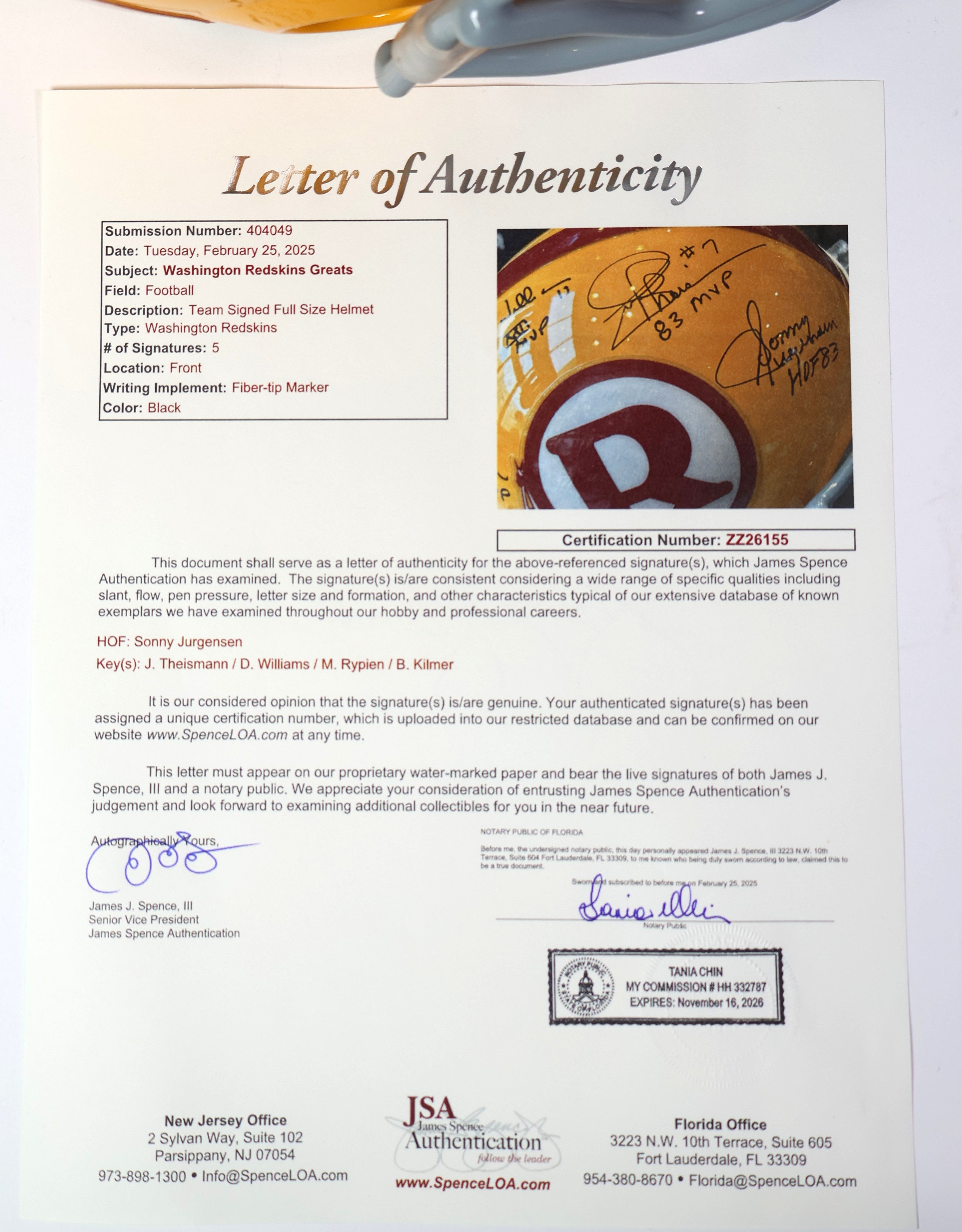 Washington Redskins Quarterback Legends Autographed Helmet JSA LOA