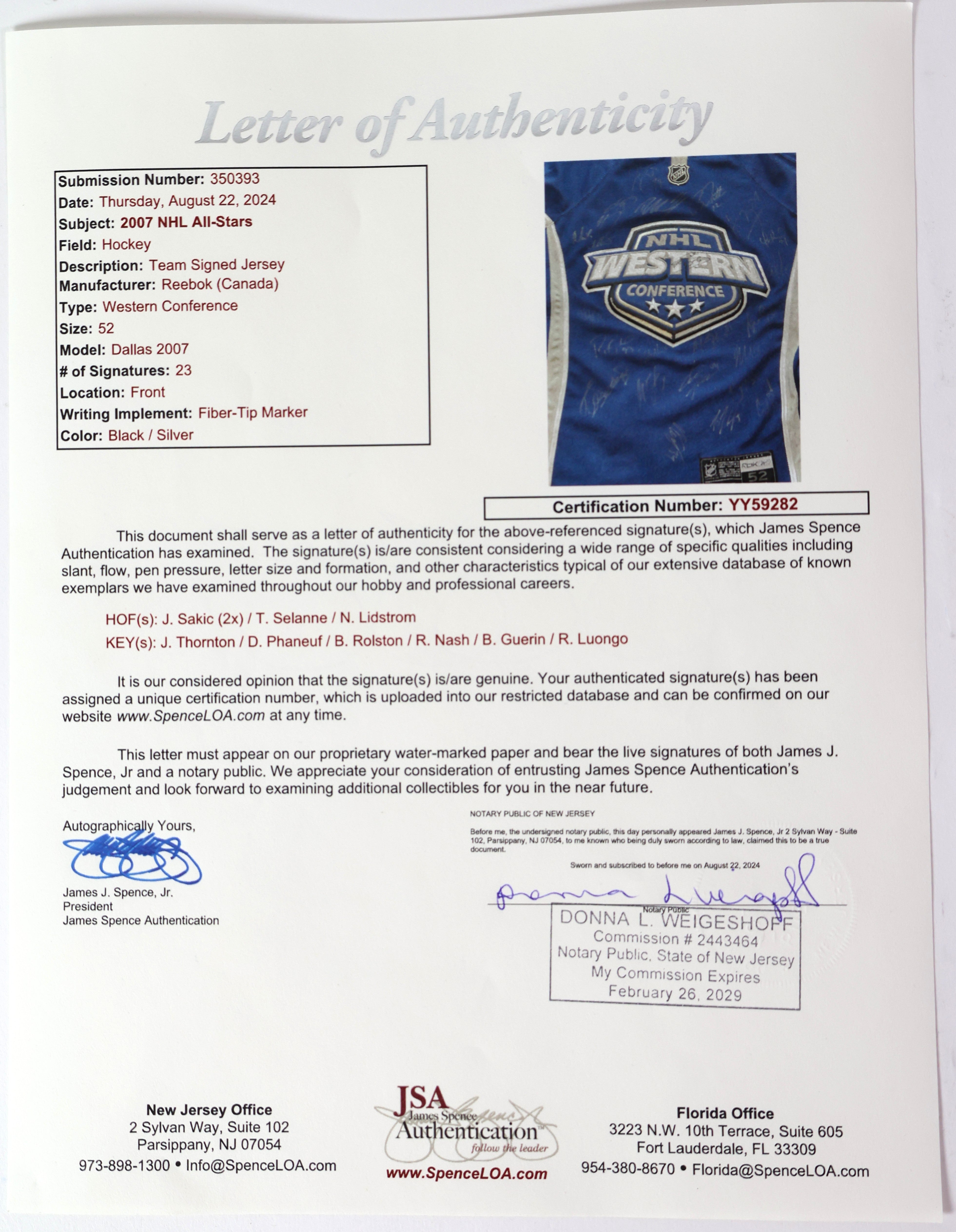 NHL All-Star western Conference Black / Silver Jersey autographed by J. Thornton / D. Phaneuf / B. Rolston / R. Nash / B. Guerin / R. Luongo / J. Sakic (2x) / T. Selanne / N. Lidstrom  JSA COA