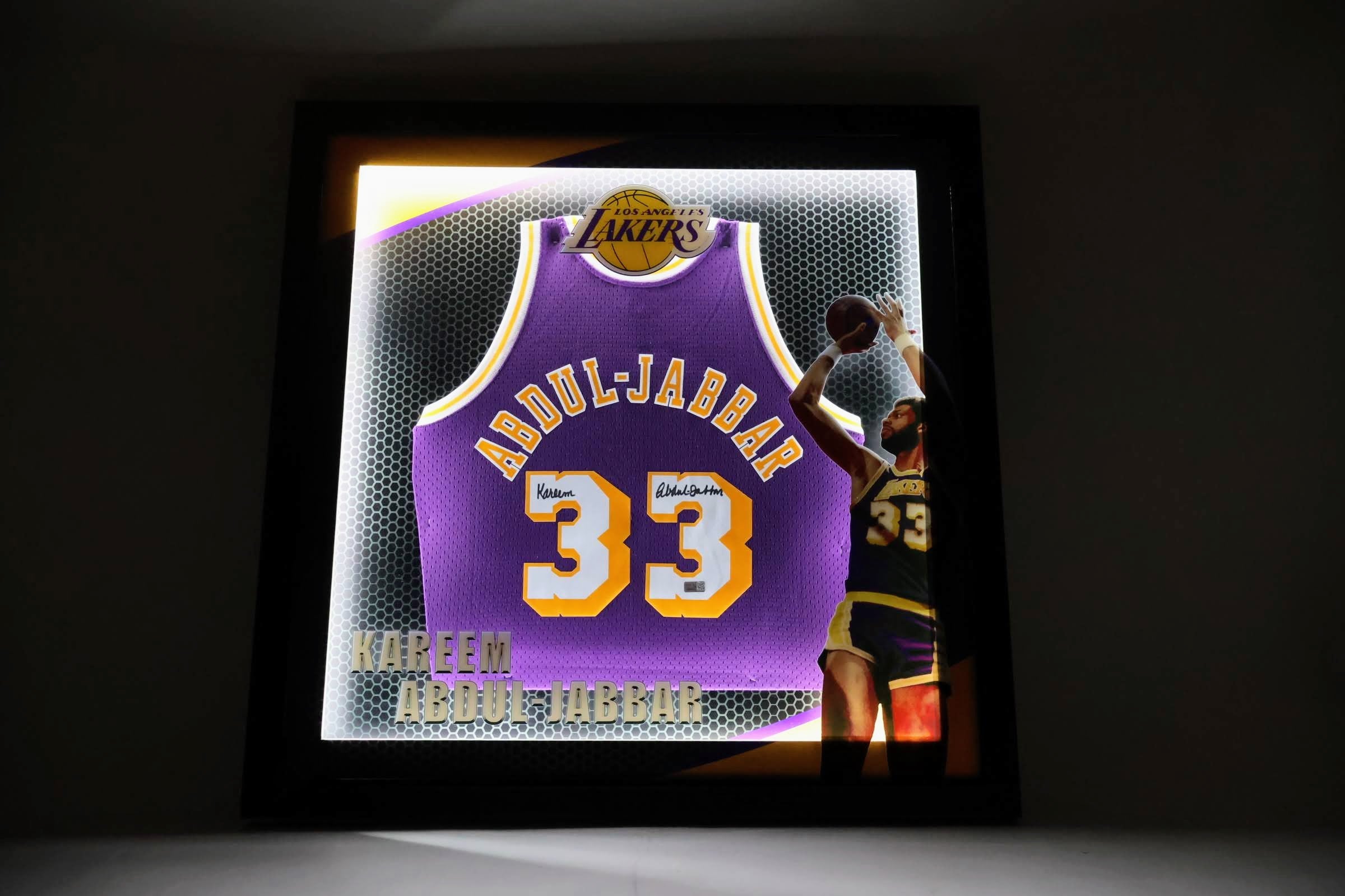 Kareem Abdul-Jabbar Laker Signed Jersey LED Shadowbox (Tri Star Hologram and COA)