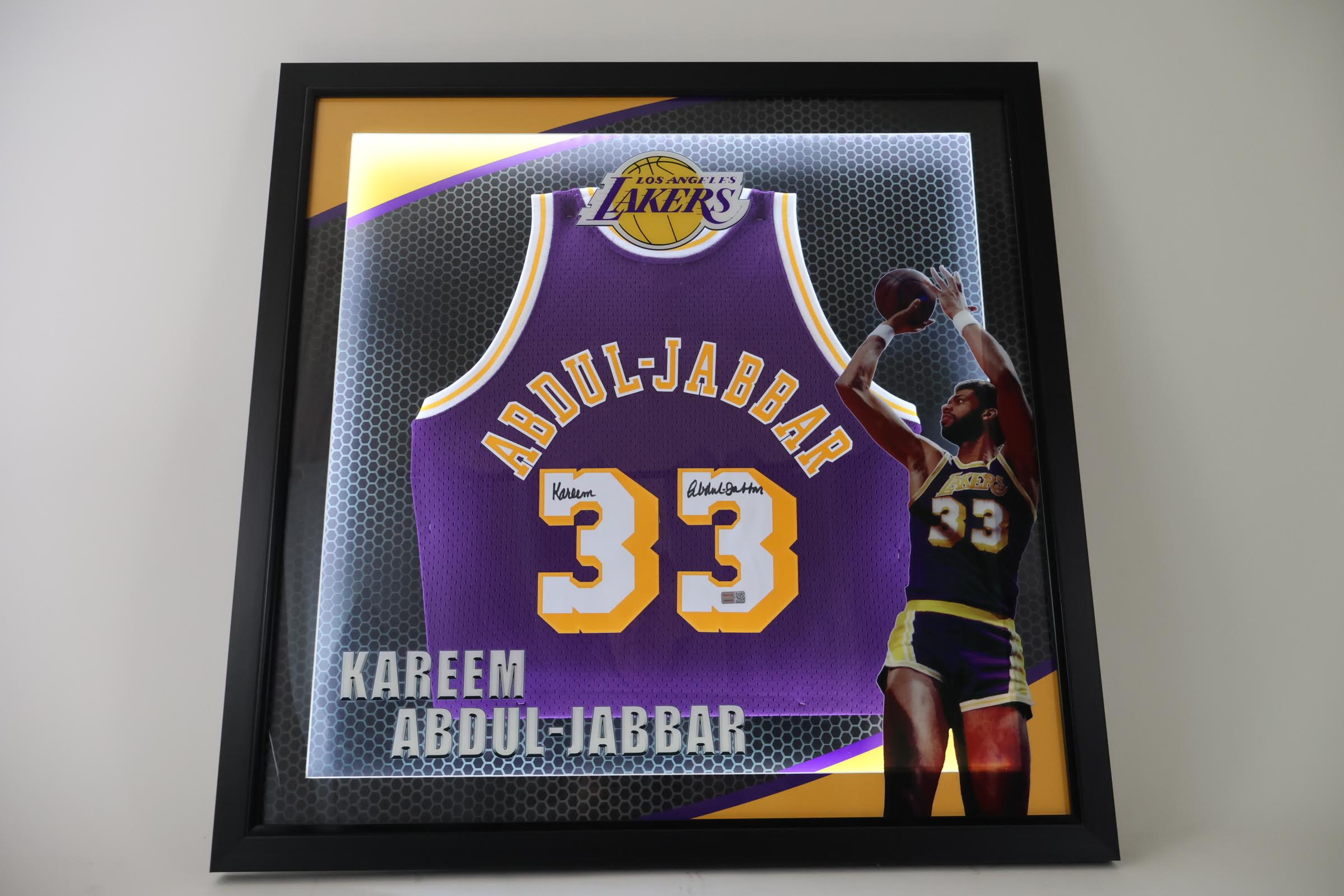 Kareem Abdul-Jabbar Laker Signed Jersey LED Shadowbox (Tri Star Hologram and COA)