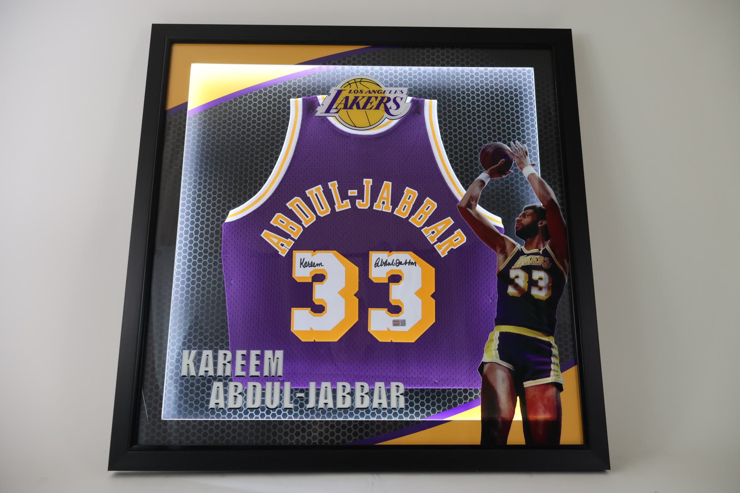 Kareem Abdul-Jabbar Laker Signed Jersey LED Shadowbox (Tri Star Hologram and COA)