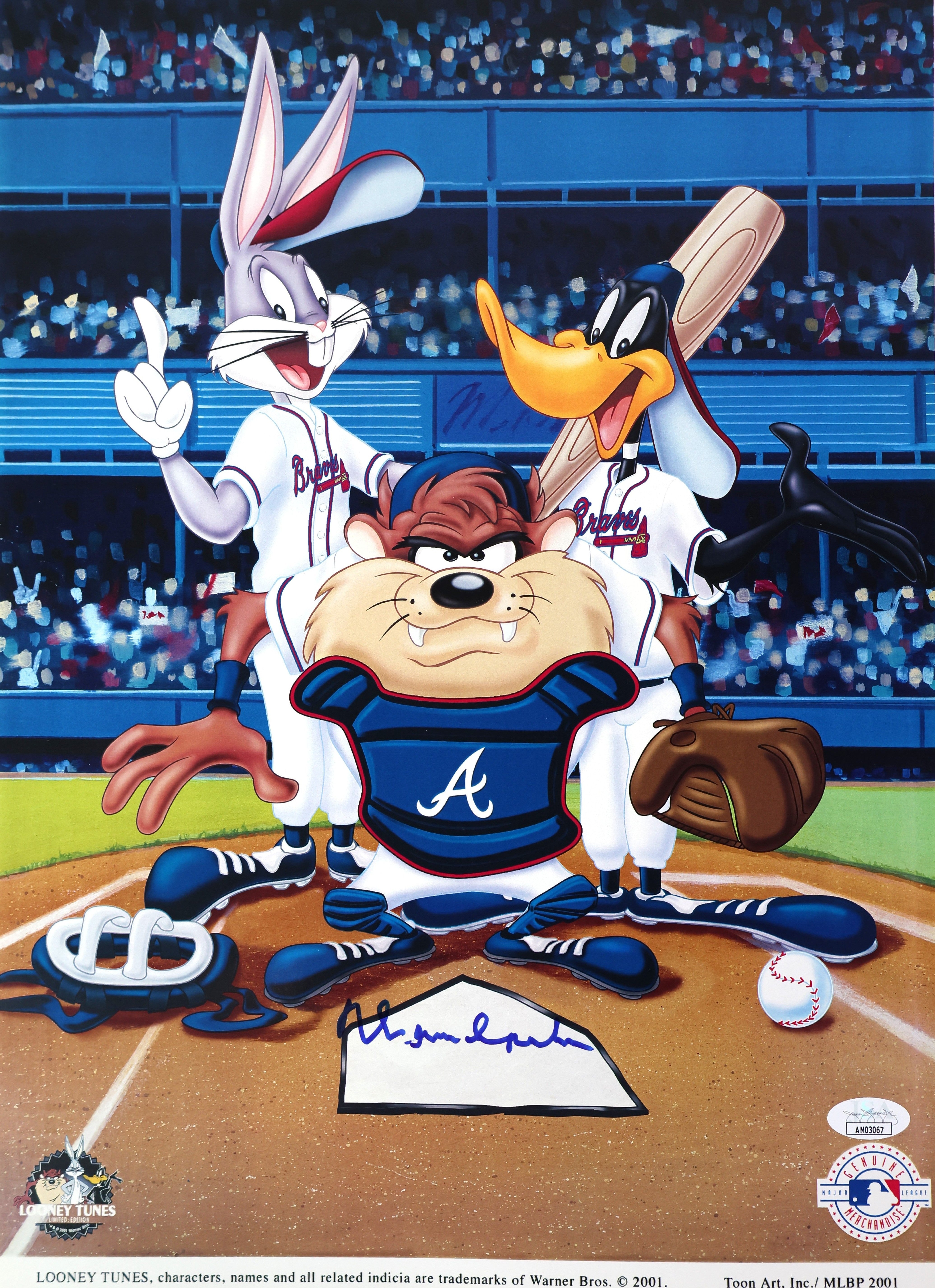 Warren Spahn Autographed Looney Tunes Atlanta Braves Colored Print JSA COA