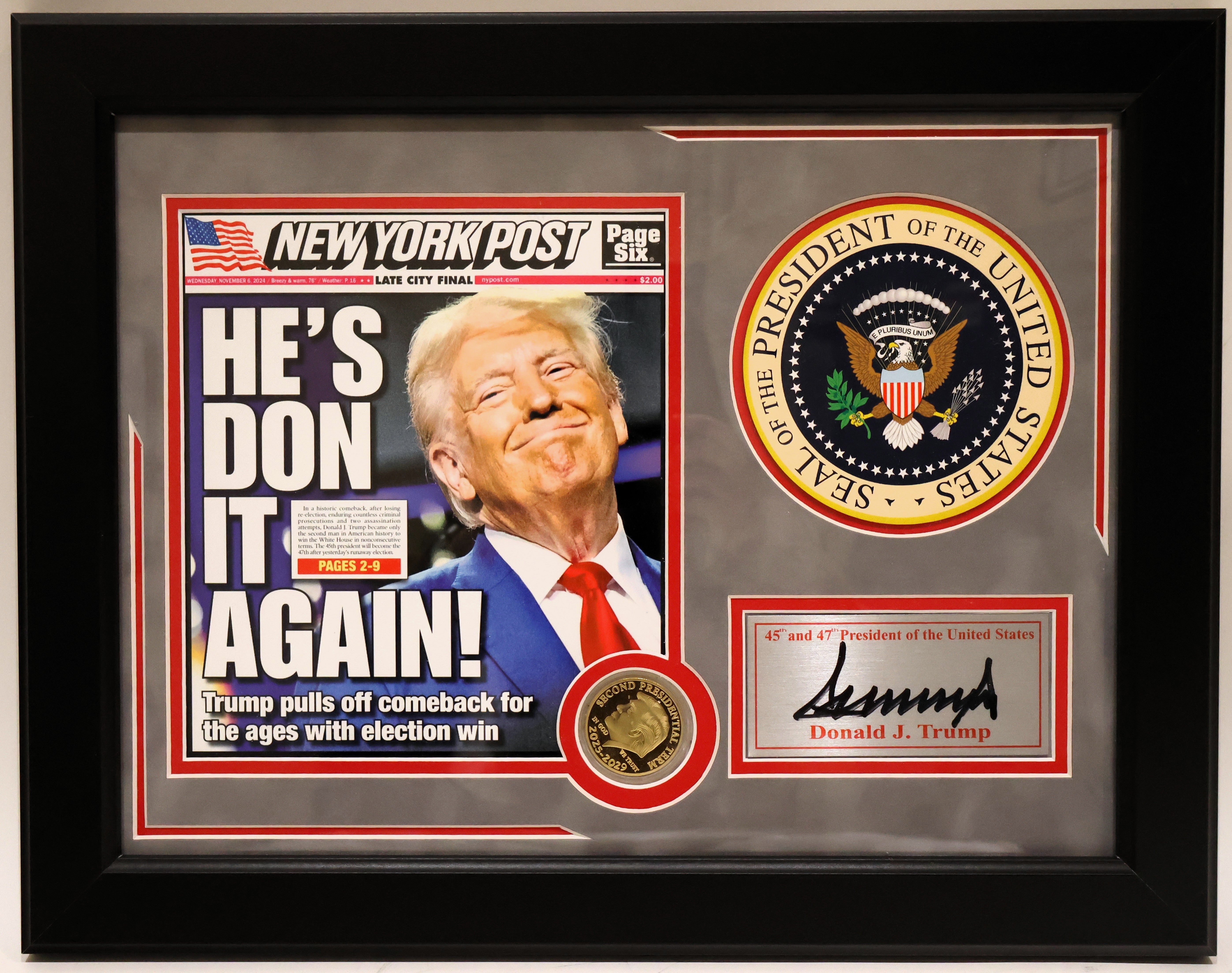 Donald Trump Framed Newspaper and Coin with Laser Signature 14.5"x18.5"