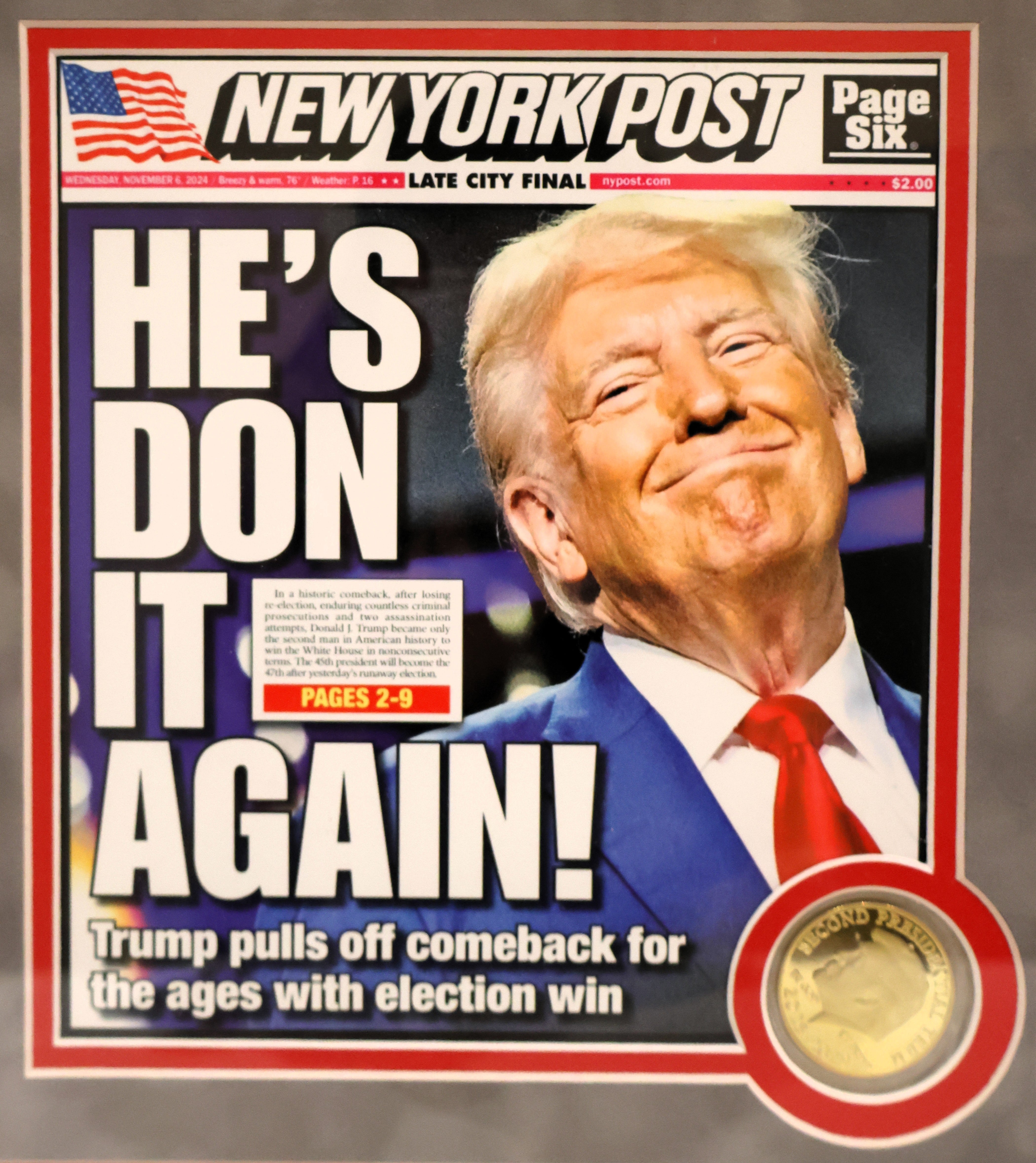Donald Trump Framed Newspaper and Coin with Laser Signature 14.5"x18.5"