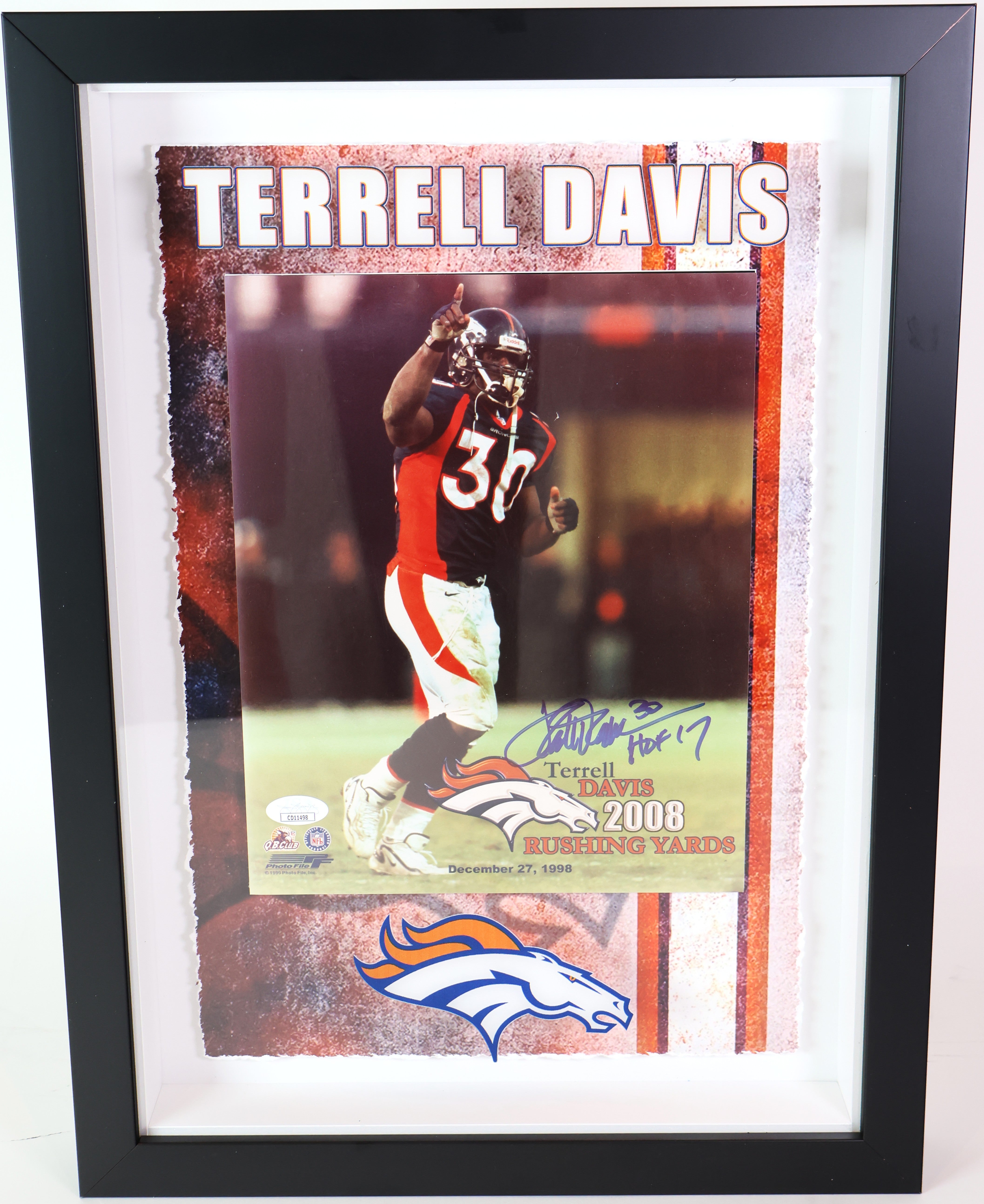 Terrell Davis Autographed Inscribed "HOF 17" Framed 8x10 Photo JSA COA