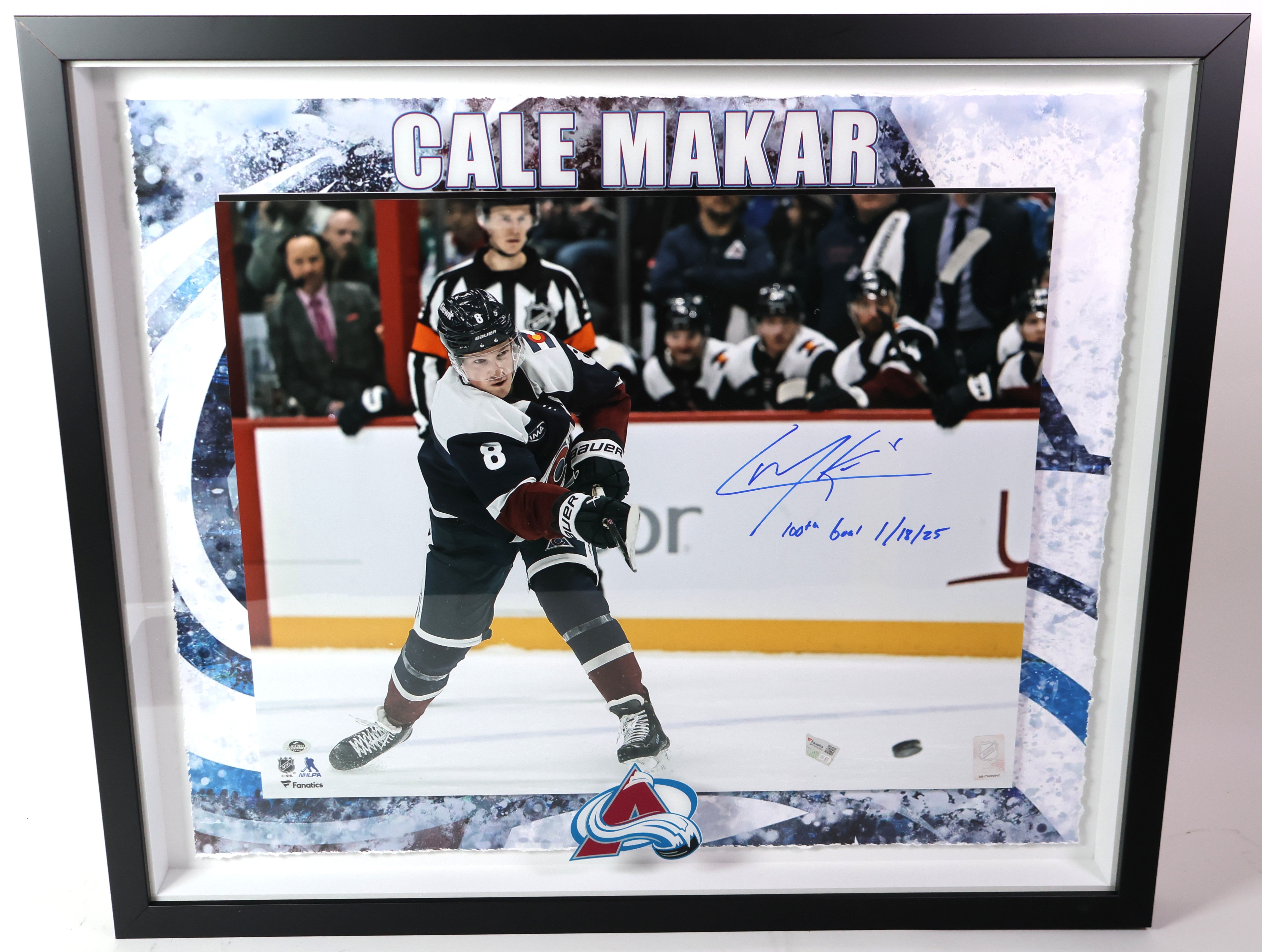 Cale Makar Autographed Framed 16x20 Inscribed "100th Goal 1/18/25" *Blue* FANATICS COA