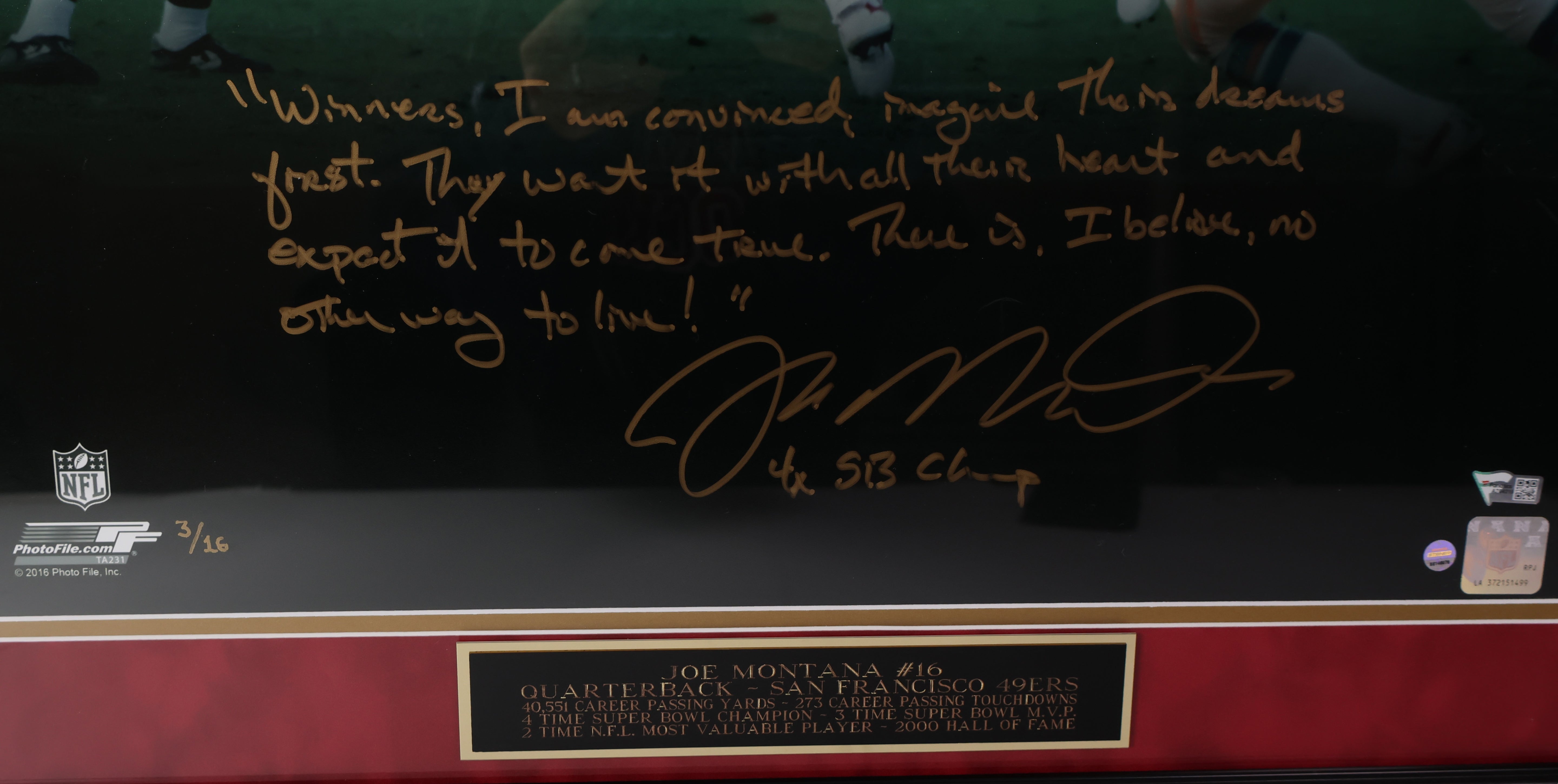 Joe Montana Inscribed Autographed 16x20 Framed Photo Fanatics COA