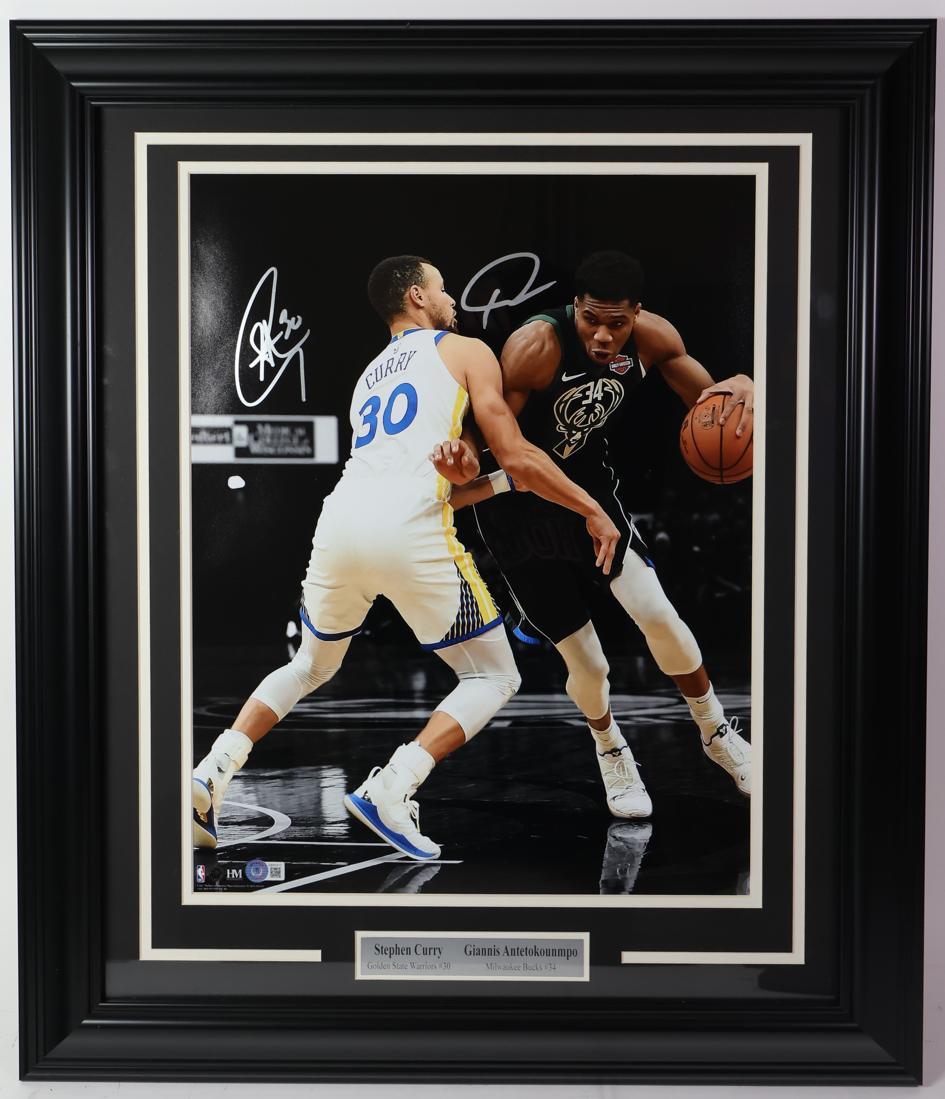Stephen Curry and Giannis Antetokounmpo Double Autographed 16x20 Photo Framed Beckett LOA