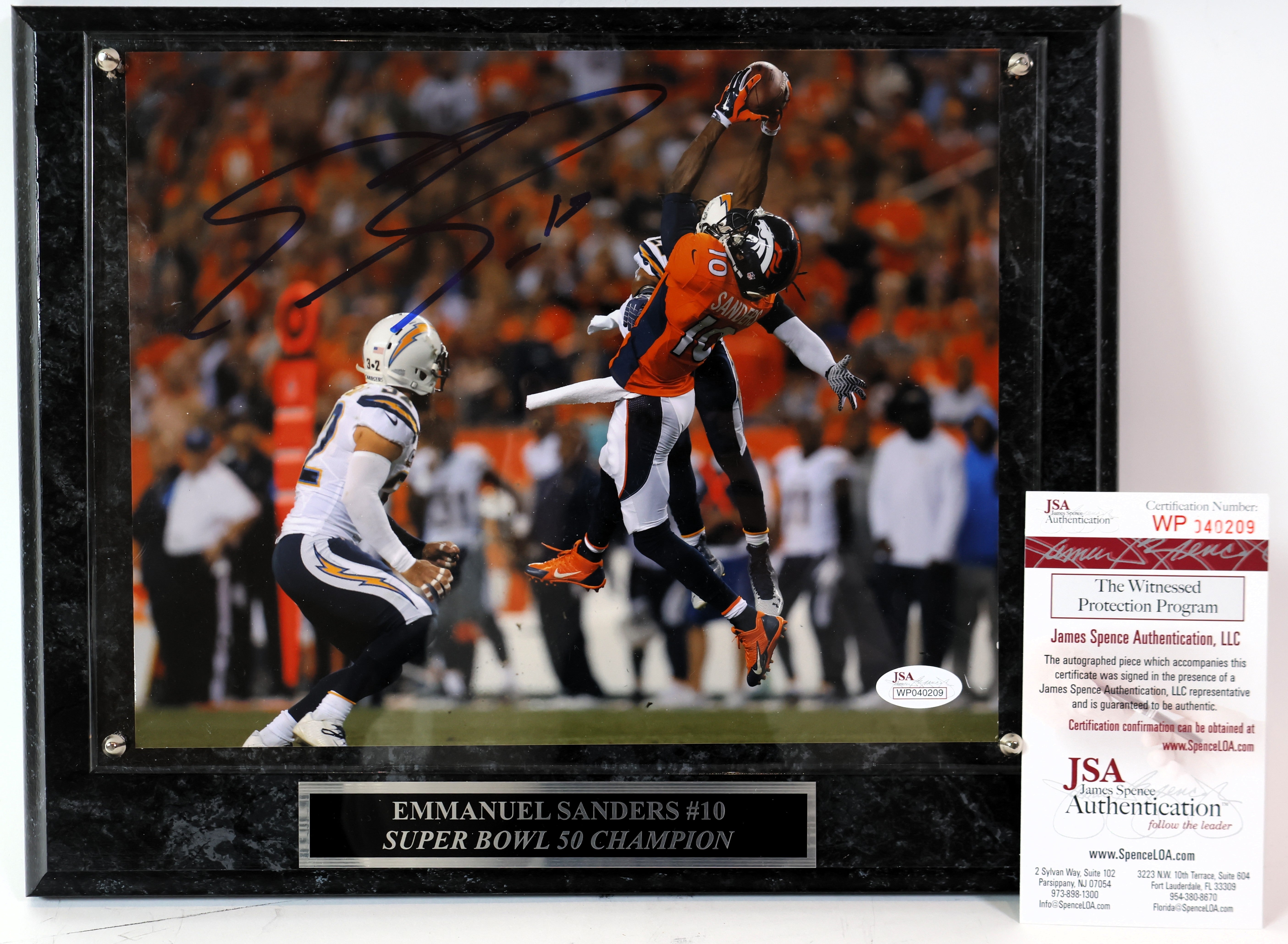 Emmanuel Sanders Autographed 8x10 Photo with Plaque JSA COA