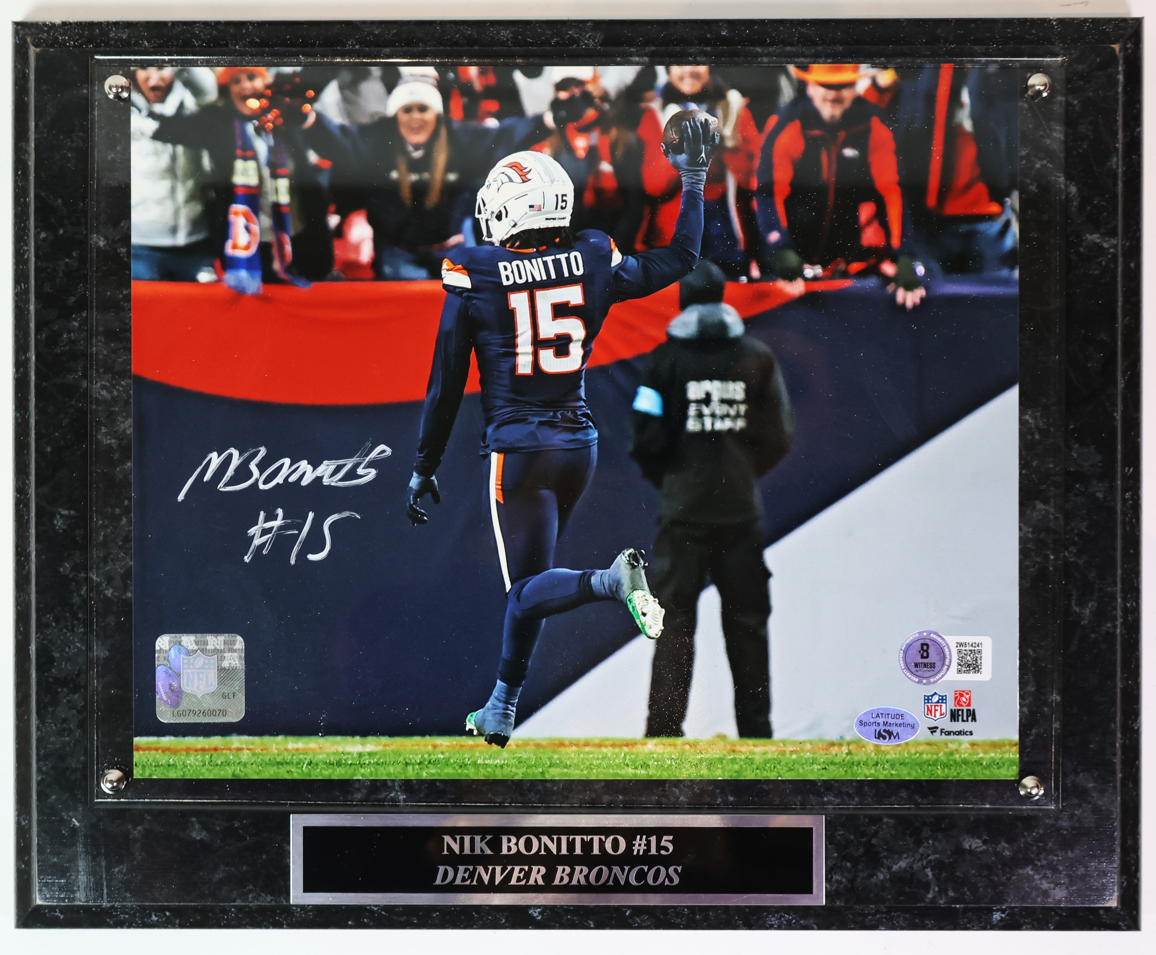 Nik Bonitto Autographed 8x10 Denver Broncos Photo w/ Plaque (Pick Six) - Beckett COA - Latitude Sports Marketing