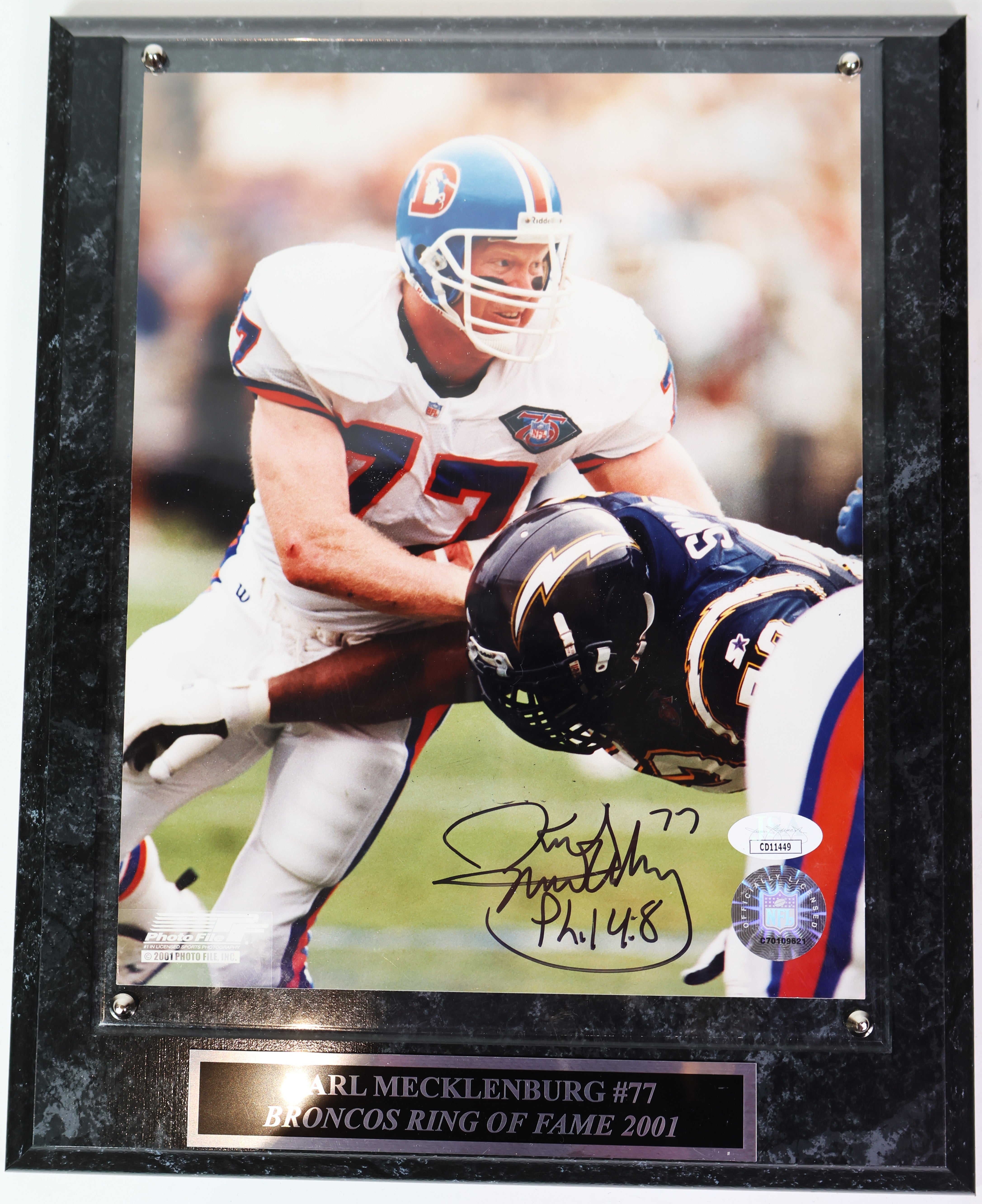 Karl Mecklenburg Autographed/Inscribed "Phil. 4:8" Plaque JSA COA