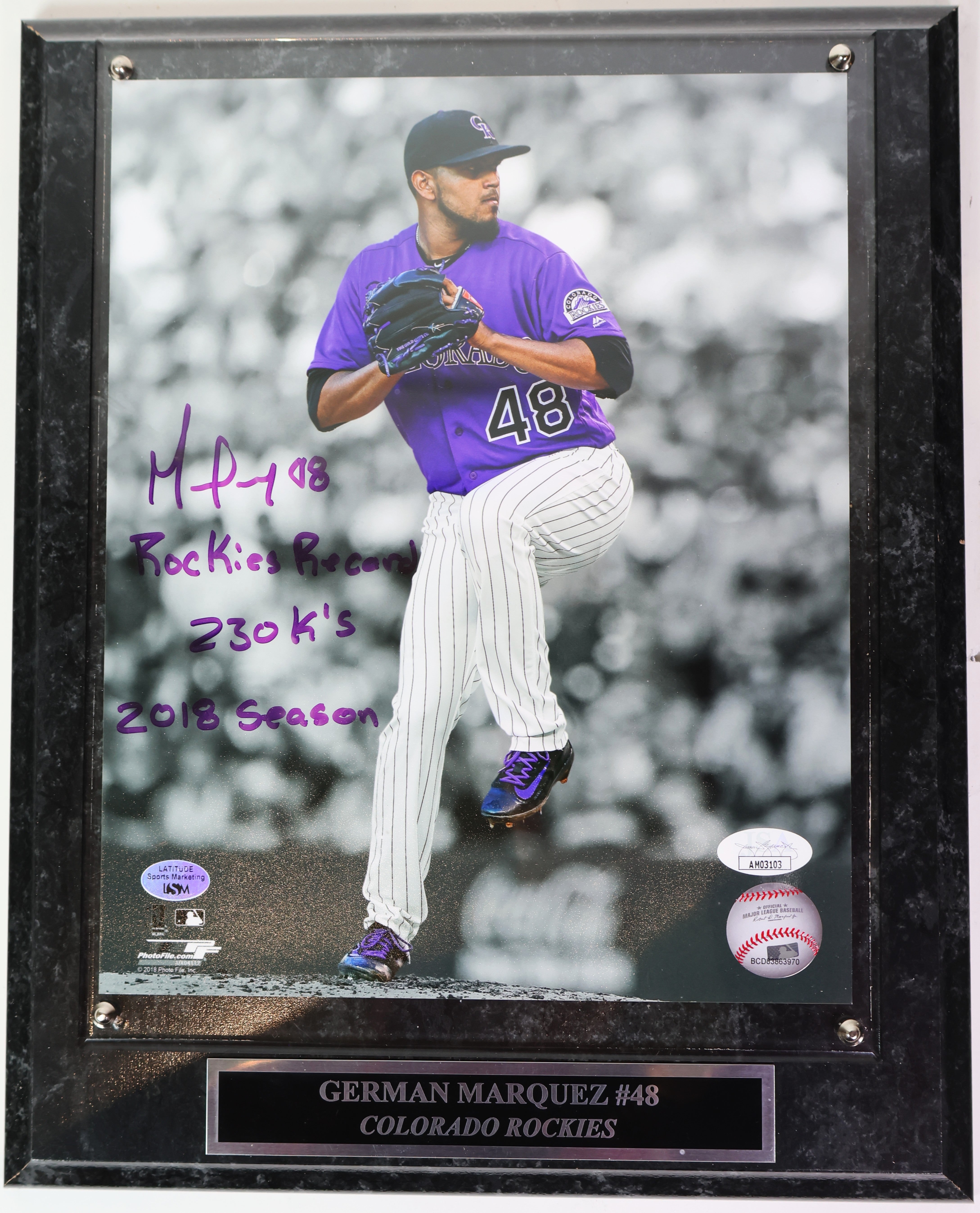 German Marquez Autographed Inscribed 8x10 with Plaque JSA COA