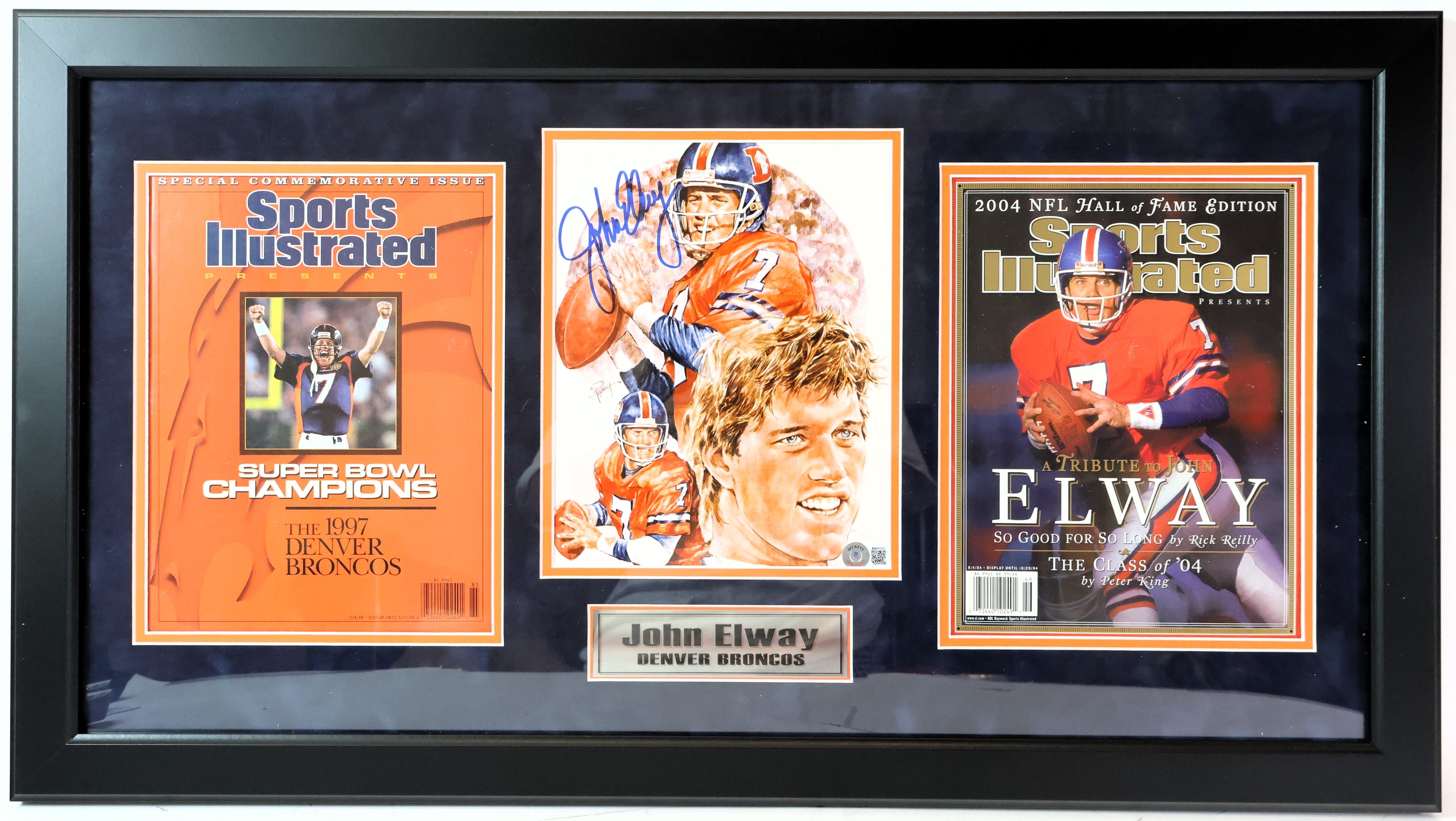 John Elway Autographed 8x10 Art with 2 unsigned Sports Illustrateds Beckett COA