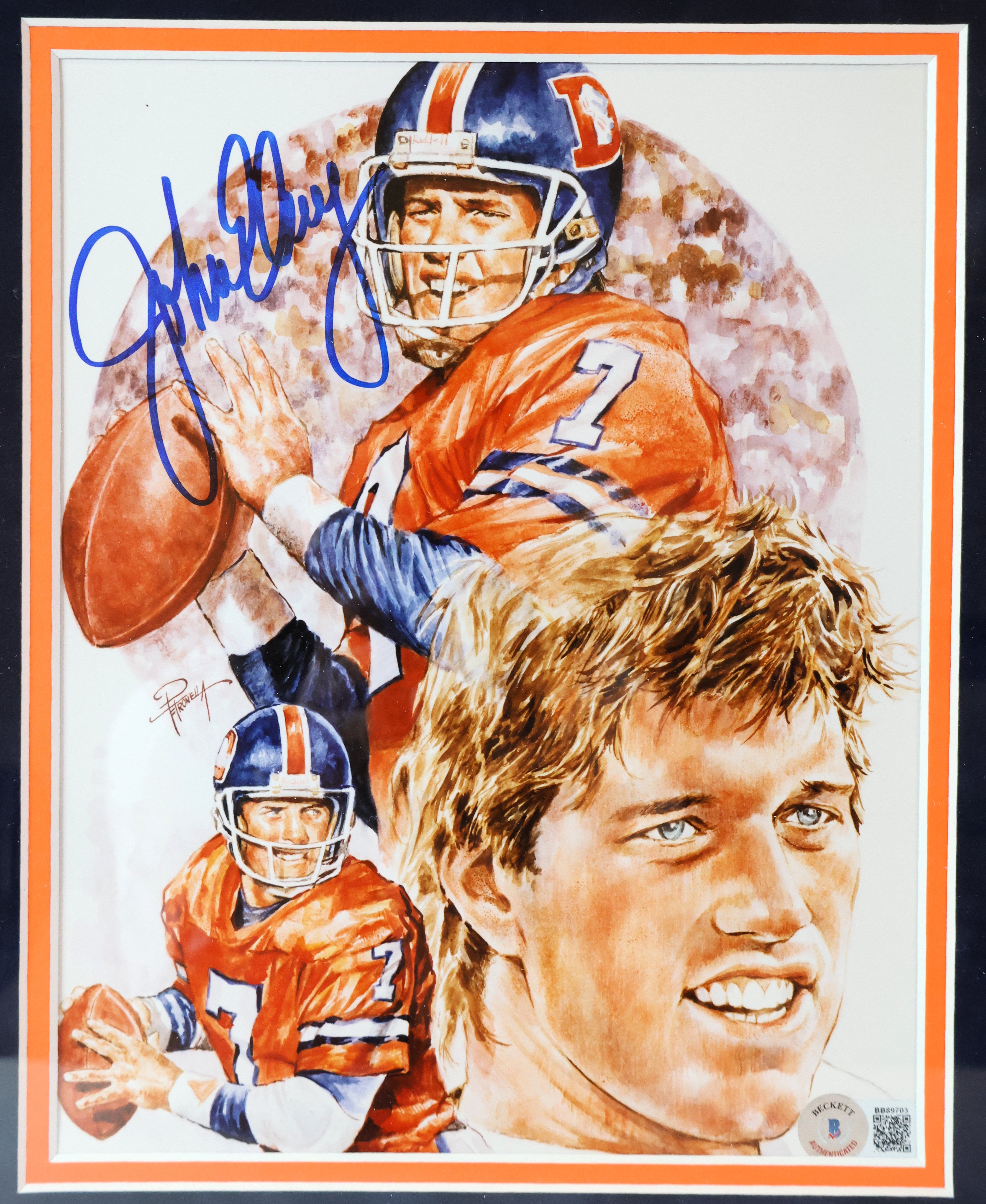 John Elway Autographed 8x10 Art with 2 unsigned Sports Illustrateds Beckett COA