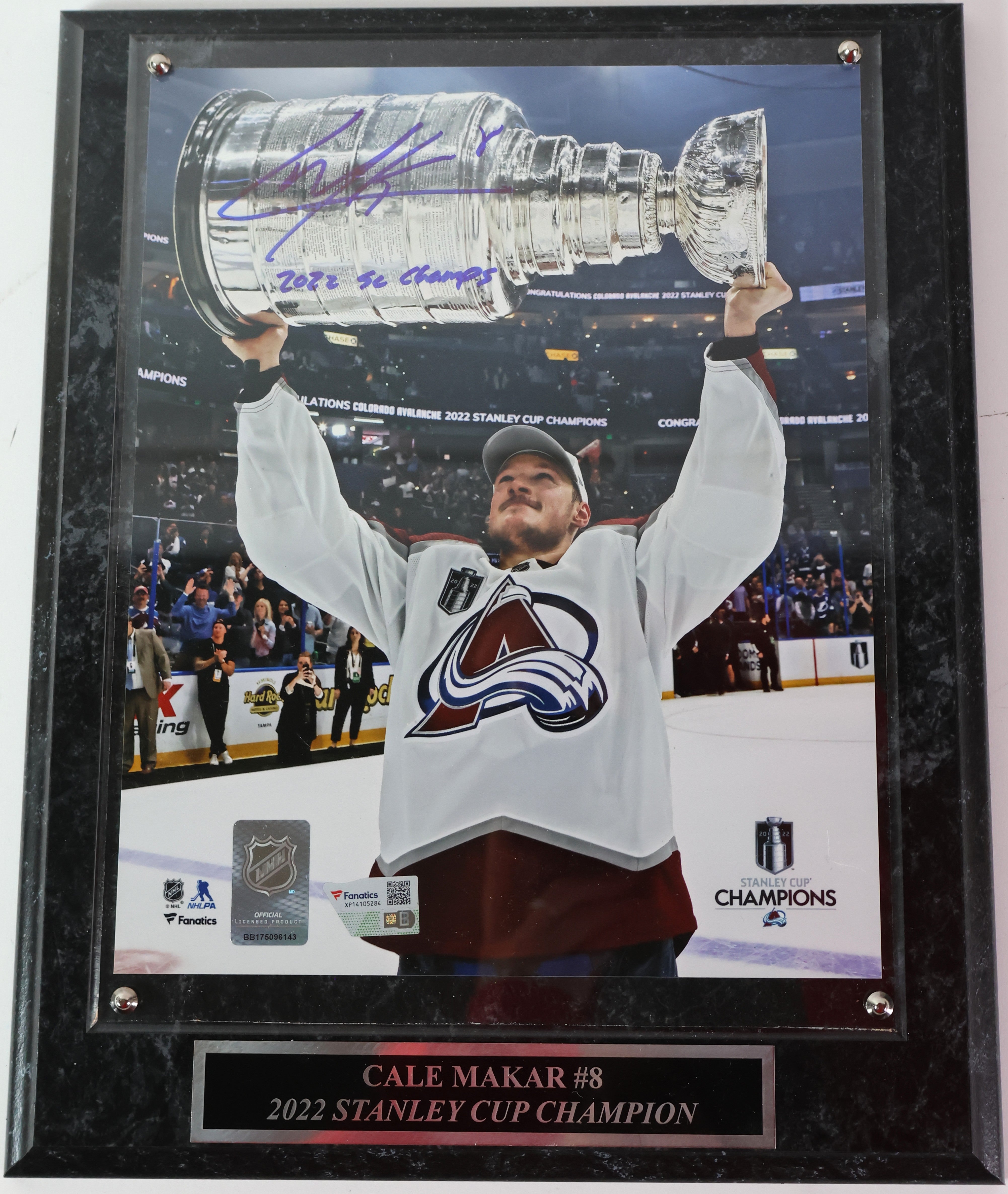 Cale Makar Stanley Cup Autographed 8x10 Plaque w/ Blue Ink Inscribed "2022 SC Champs"