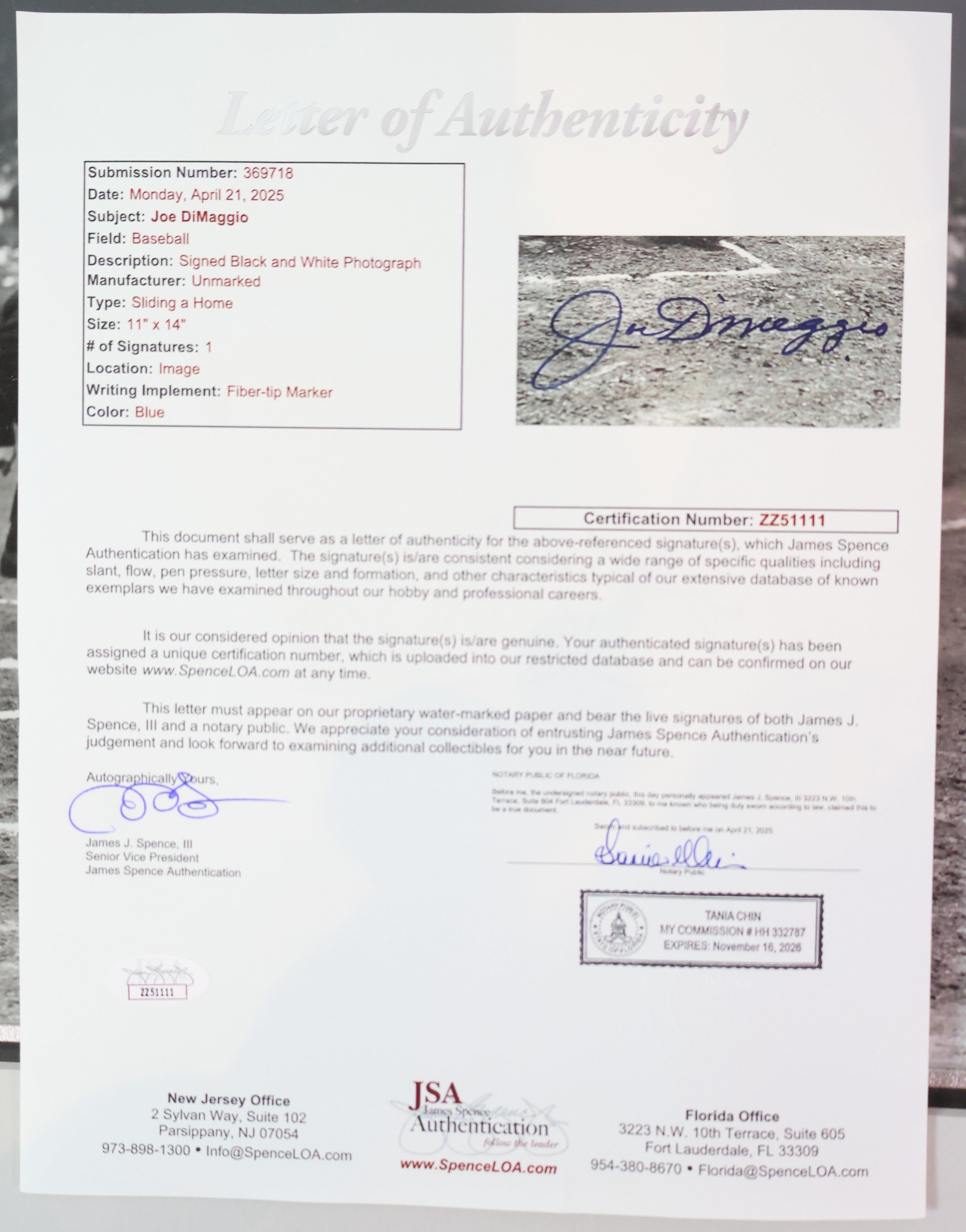 Joe DiMaggio Autographed Black and White 11x14 Photo Framed JSA LOA