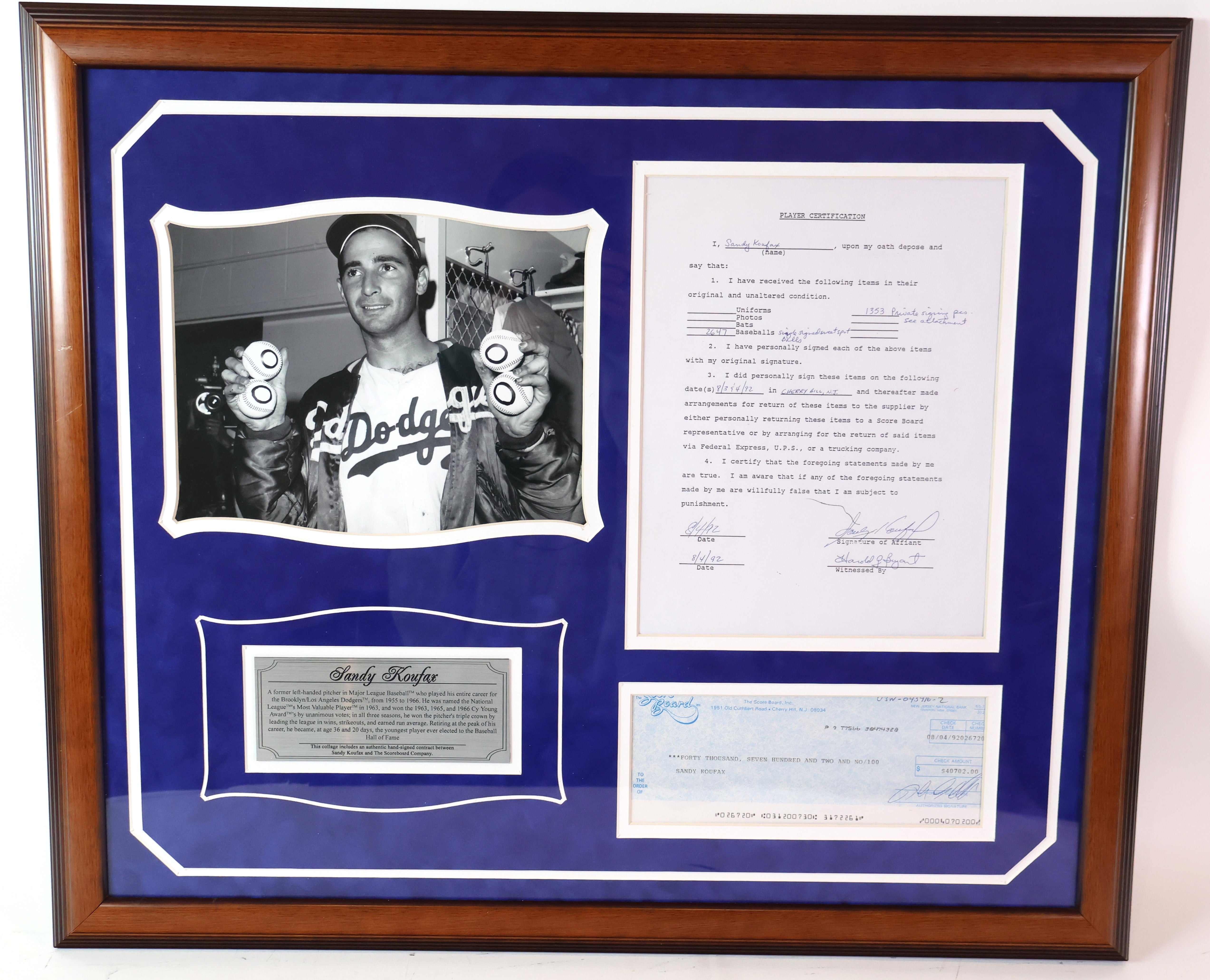 Sandy Koufax Player Certification Signing Contract, Photo, Check, Nameplate Collage JSA COA