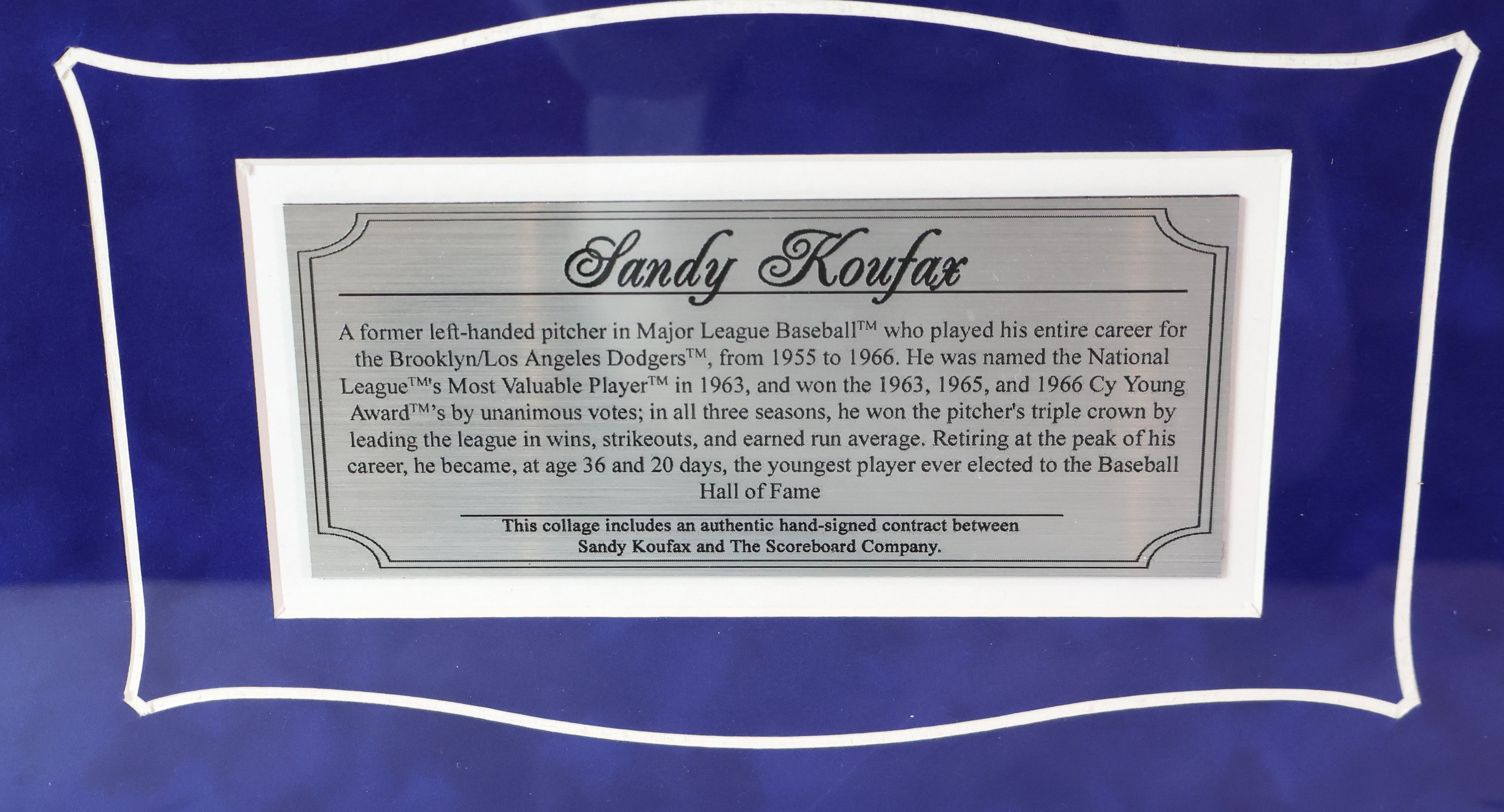 Sandy Koufax Player Certification Signing Contract, Photo, Check, Nameplate Collage JSA COA