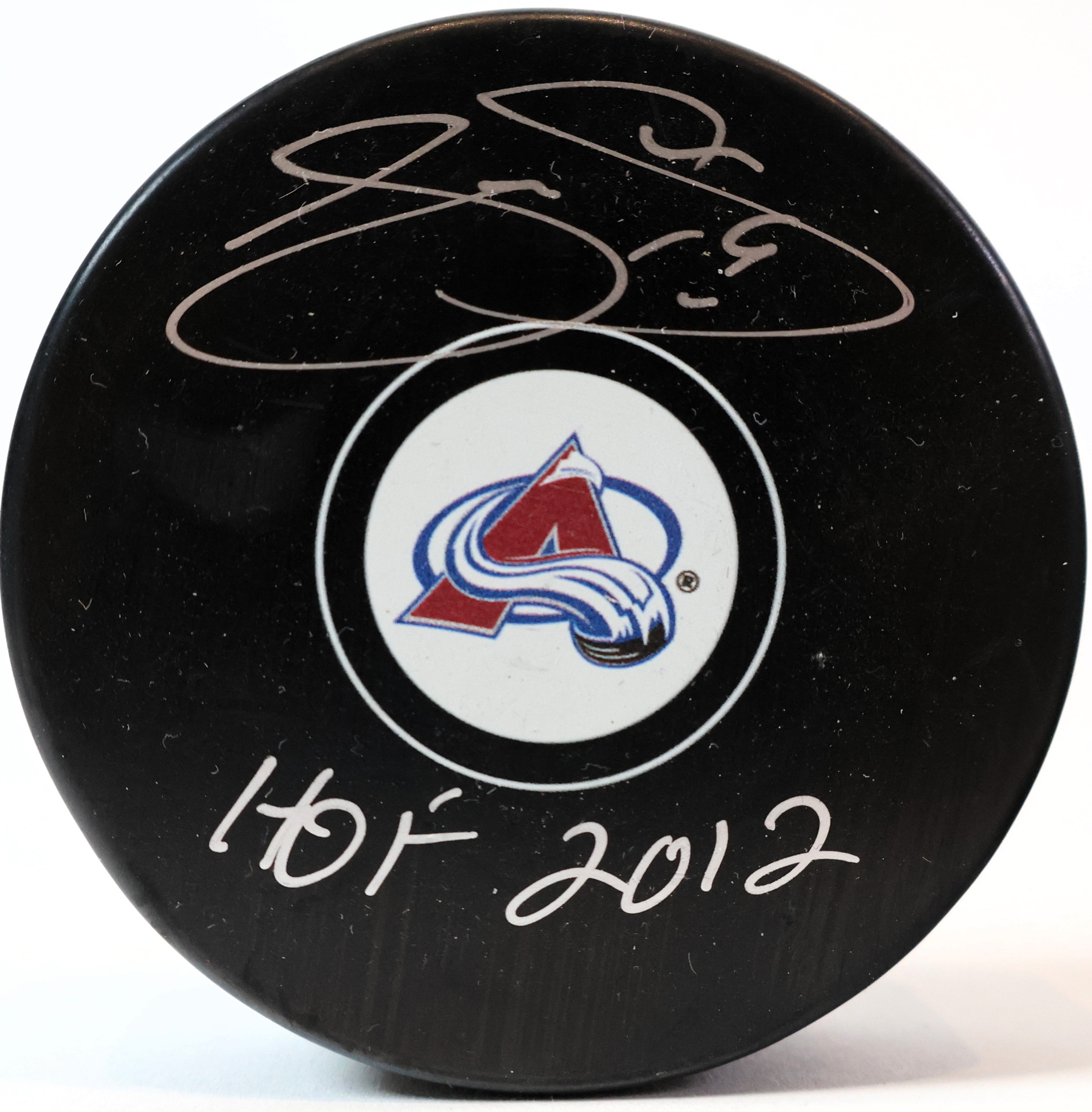 Joe Sakic Autographed/Inscribed "HOF 2012" Colorado Avalanche Puck JSA COA