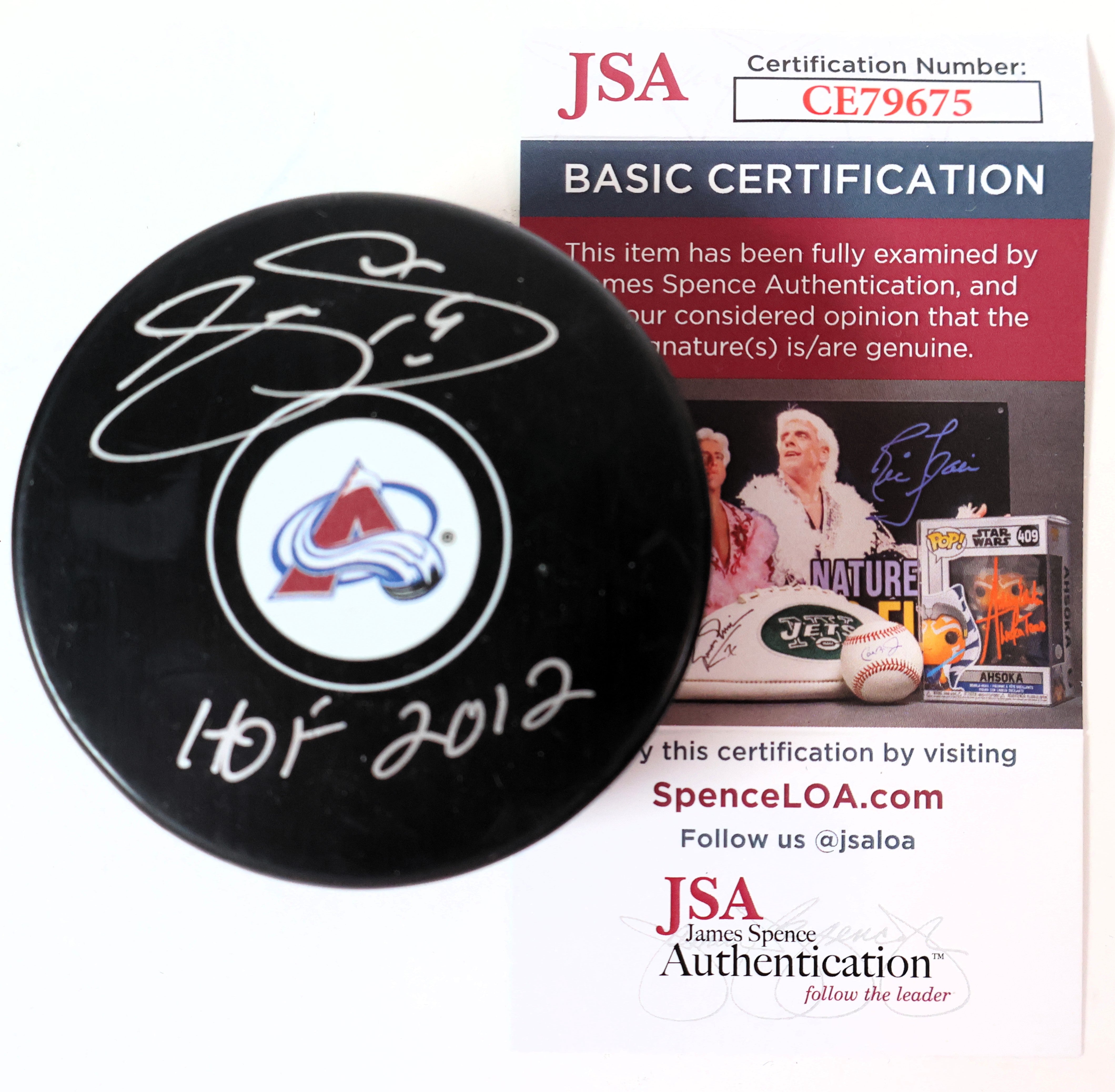 Joe Sakic Autographed/Inscribed "HOF 2012" Colorado Avalanche Puck JSA COA